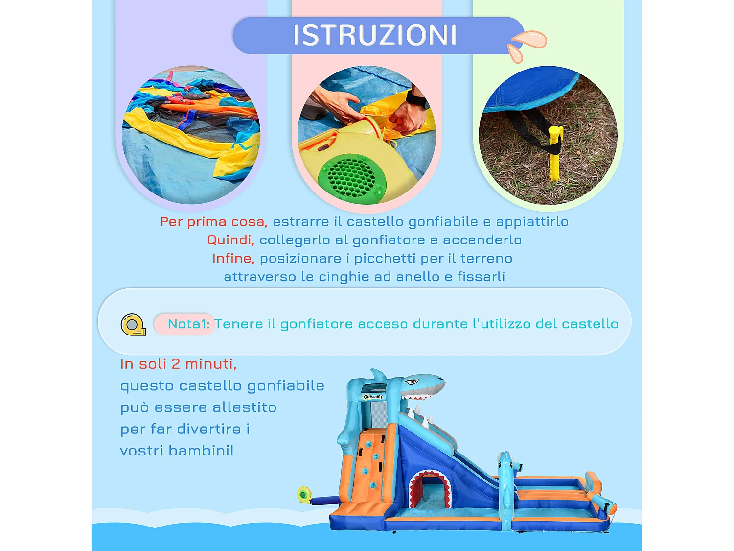 Castello gonfiabile per bambini 3-8 anni con gonfiatore incluso