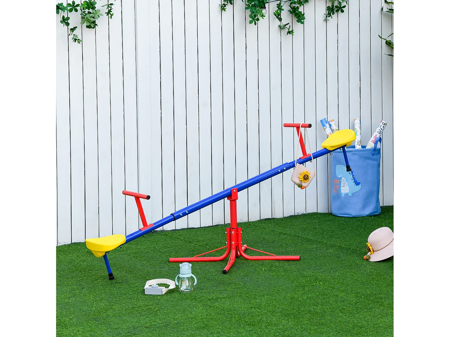 Altalena per bambini doppia a bilico girevole a 360° in metallo e PP età 3-8 anni 182x77x63cm multicolore