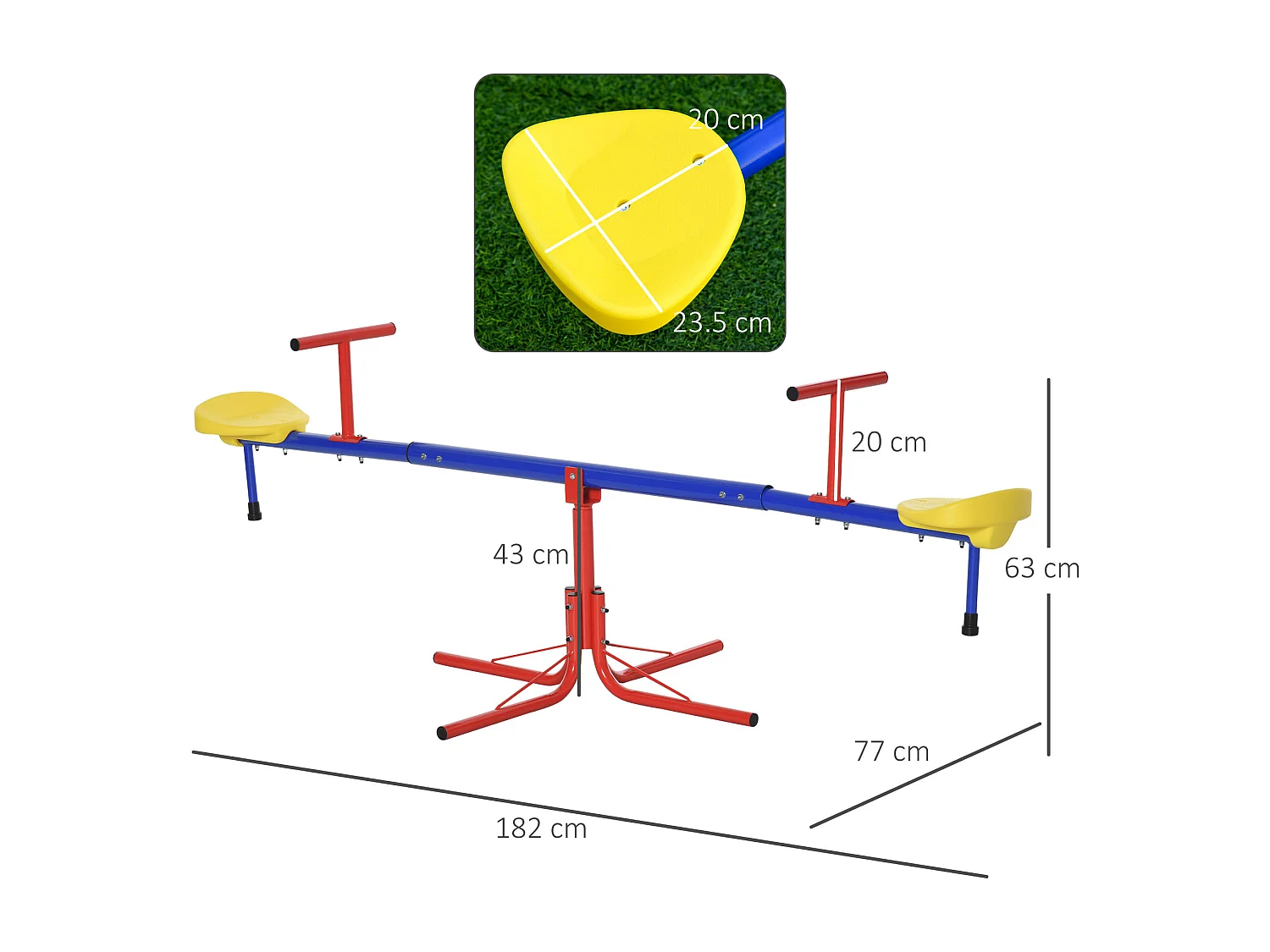 Altalena per bambini doppia a bilico girevole a 360° in metallo e PP età 3-8 anni 182x77x63cm multicolore