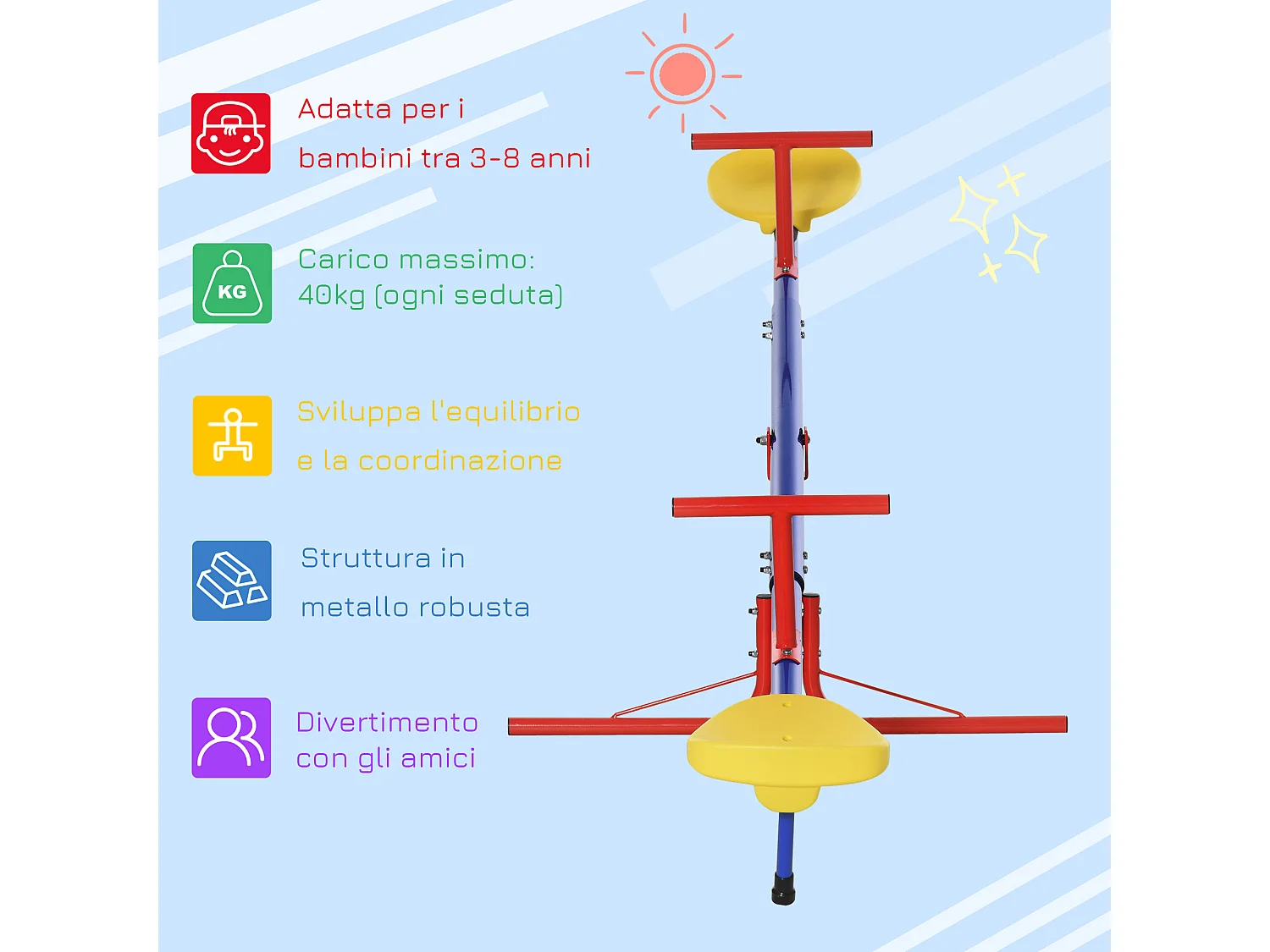 Altalena per bambini doppia a bilico girevole a 360° in metallo e PP età 3-8 anni 182x77x63cm multicolore