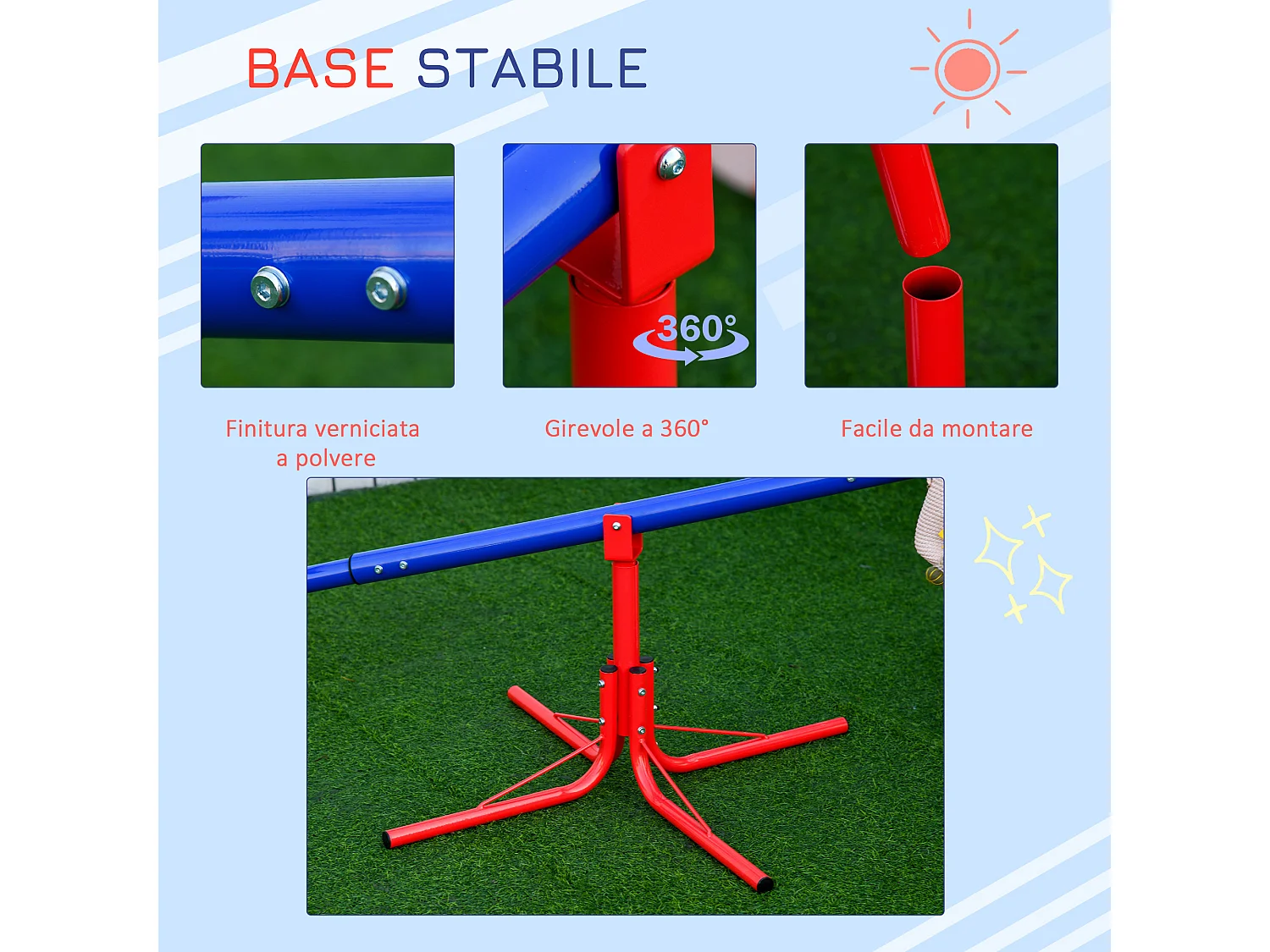 Altalena per bambini doppia a bilico girevole a 360° in metallo e PP età 3-8 anni 182x77x63cm multicolore