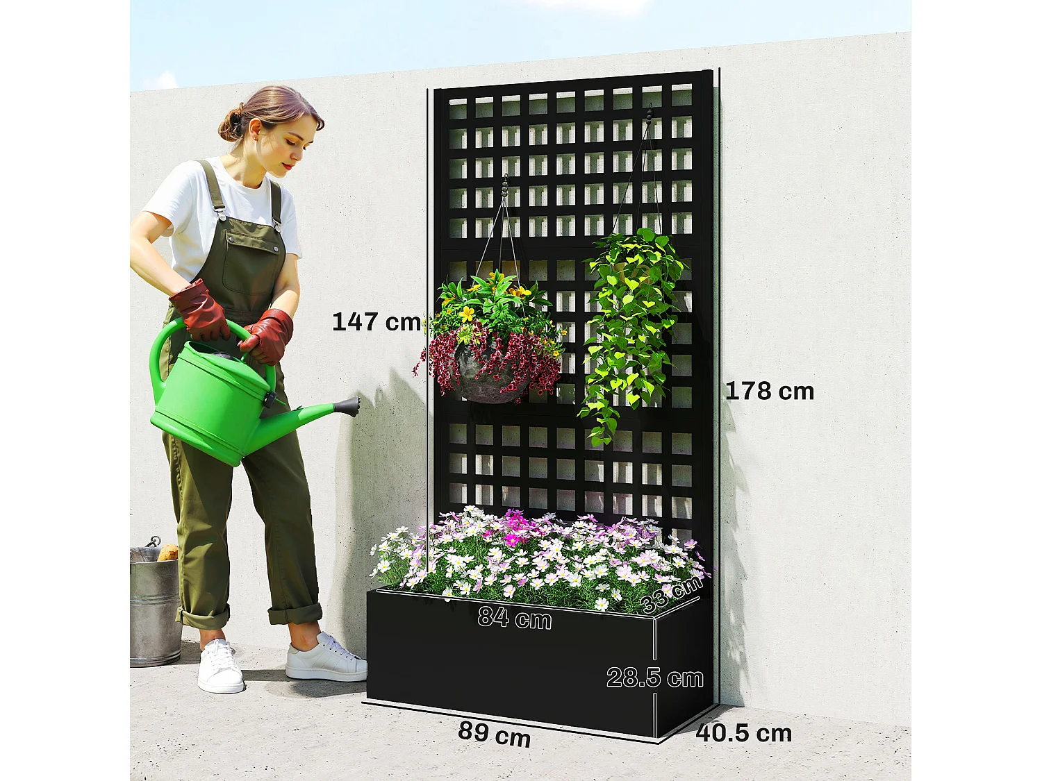 Fioriera con spalliera per rampicanti e frangivista nero