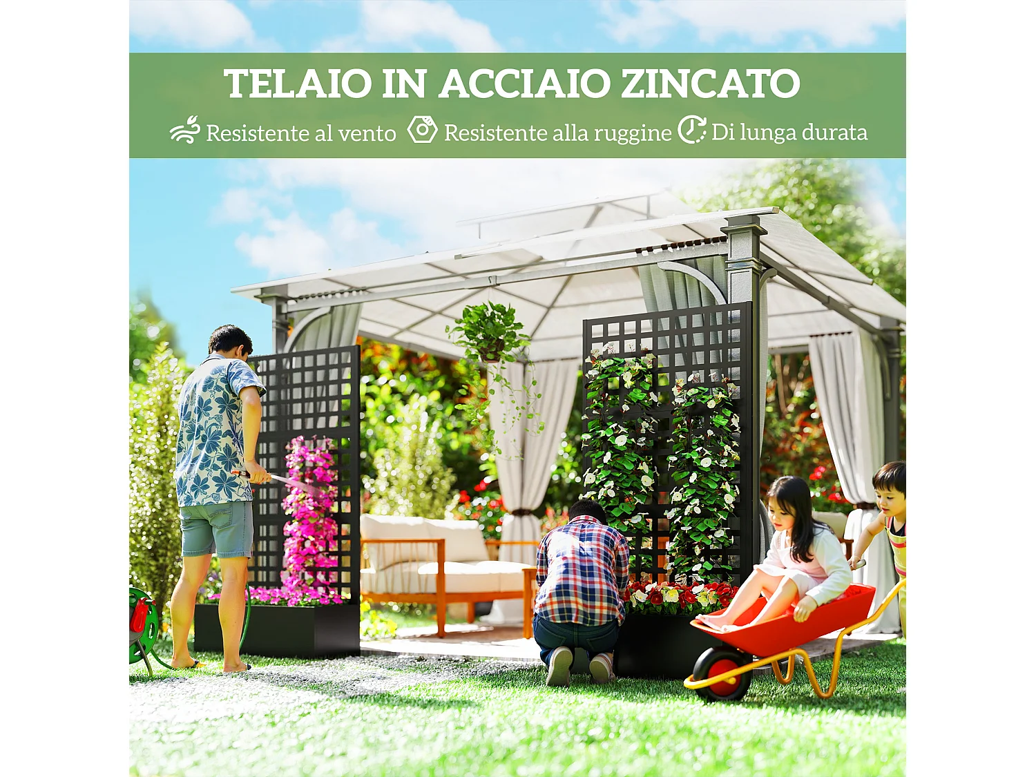 Fioriera con spalliera per rampicanti e frangivista nero