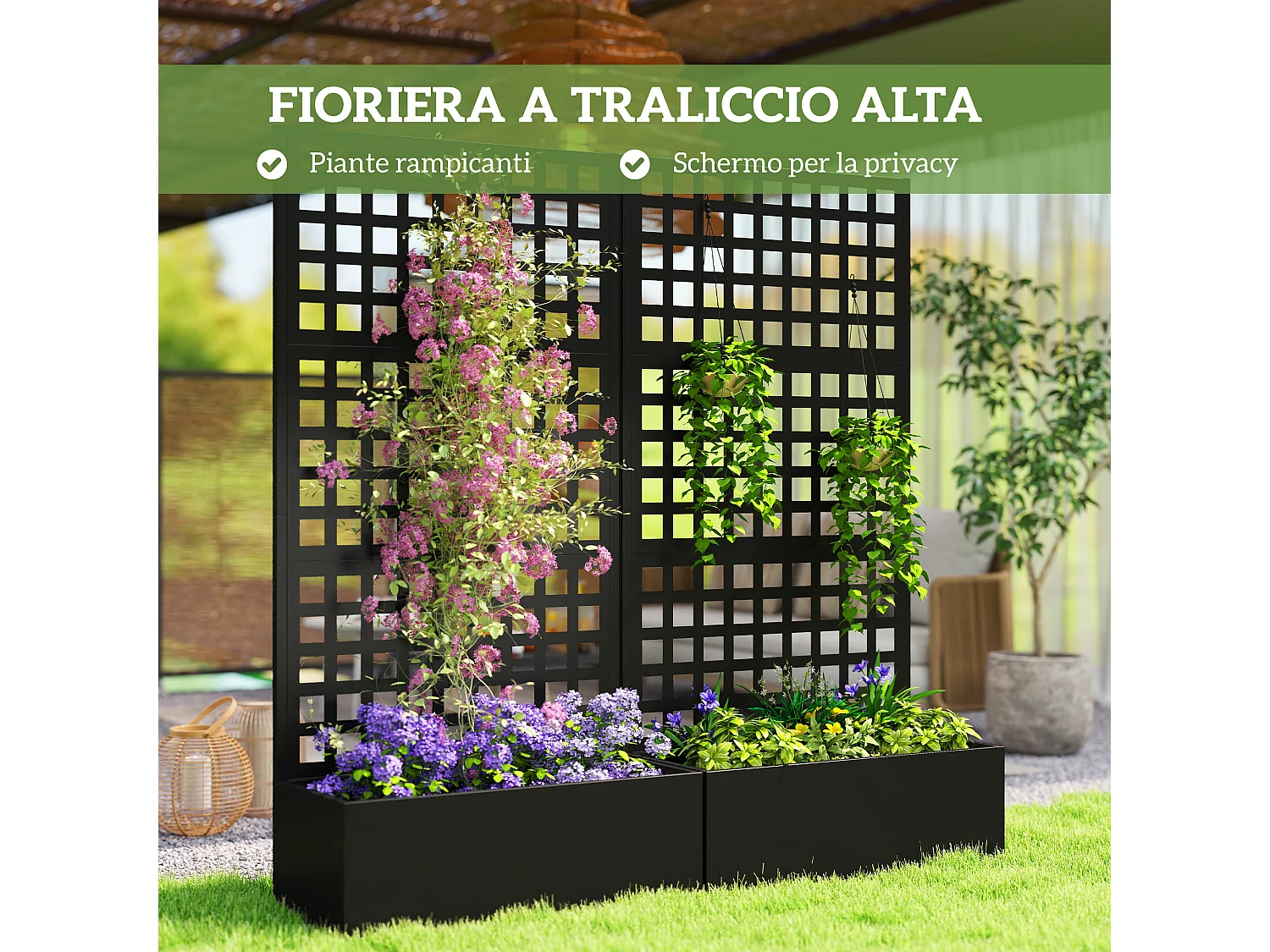 Fioriera con spalliera per rampicanti e frangivista nero