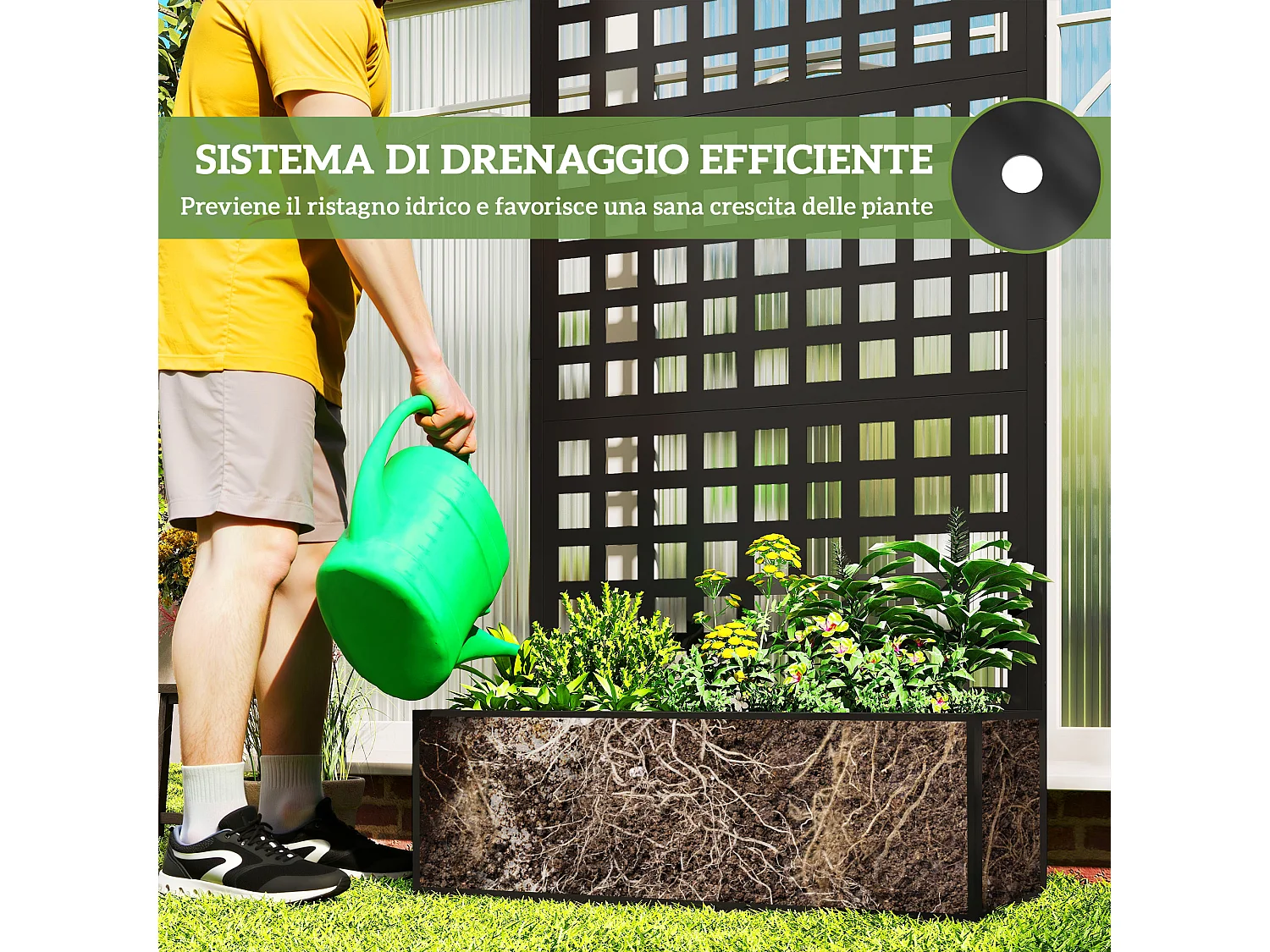 Fioriera con spalliera per rampicanti e frangivista nero