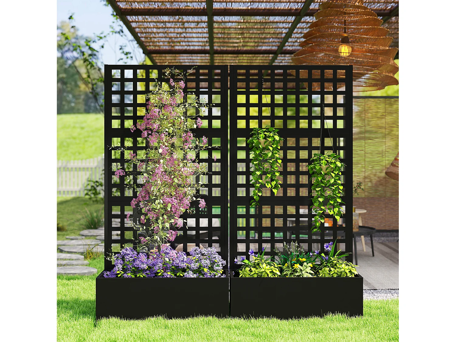 Fioriera con spalliera per rampicanti e frangivista nero
