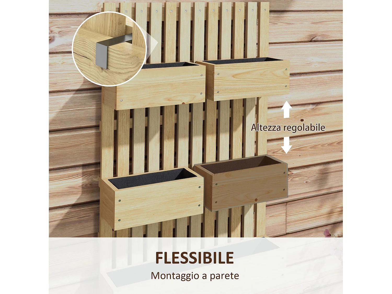 Fioriera con grigliato e fori di drenaggio in legno di abete