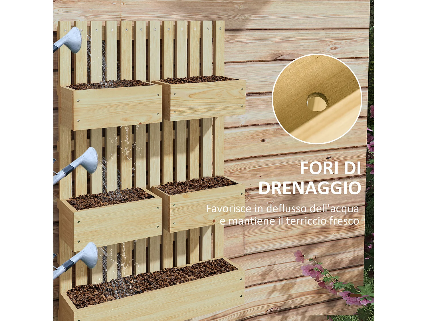 Fioriera con grigliato e fori di drenaggio in legno di abete