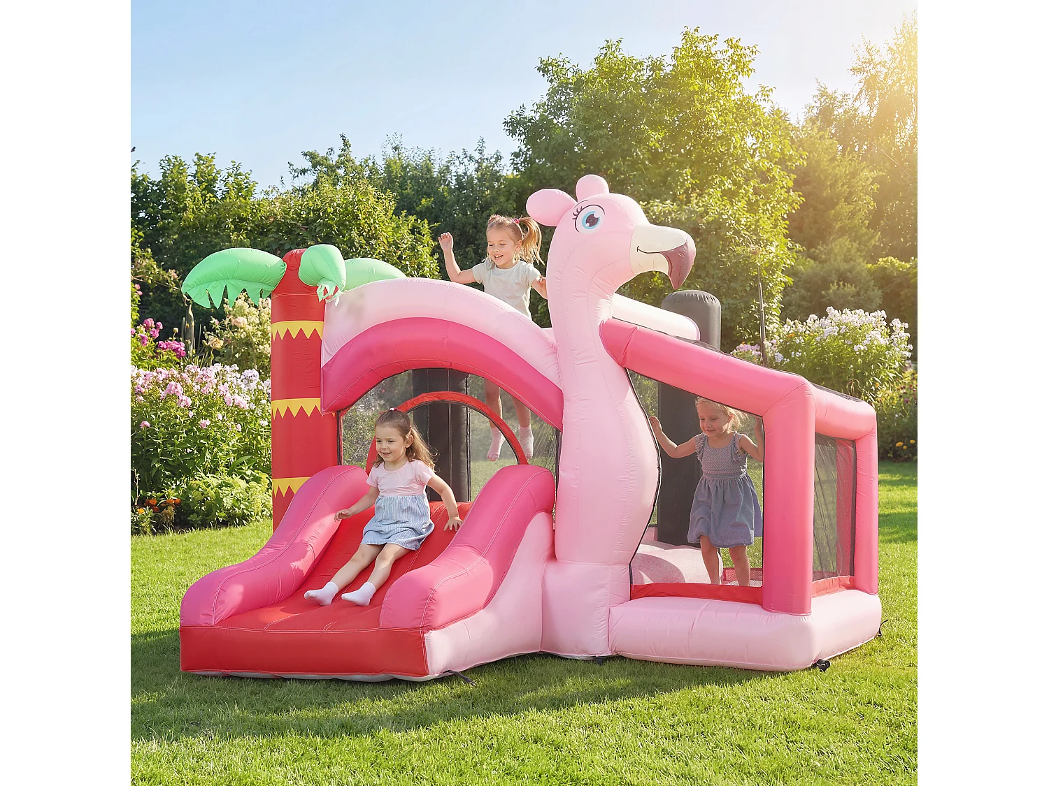 Castello gonfiabile 4 in 1 con scivolo trampolino tessuto oxford rosa