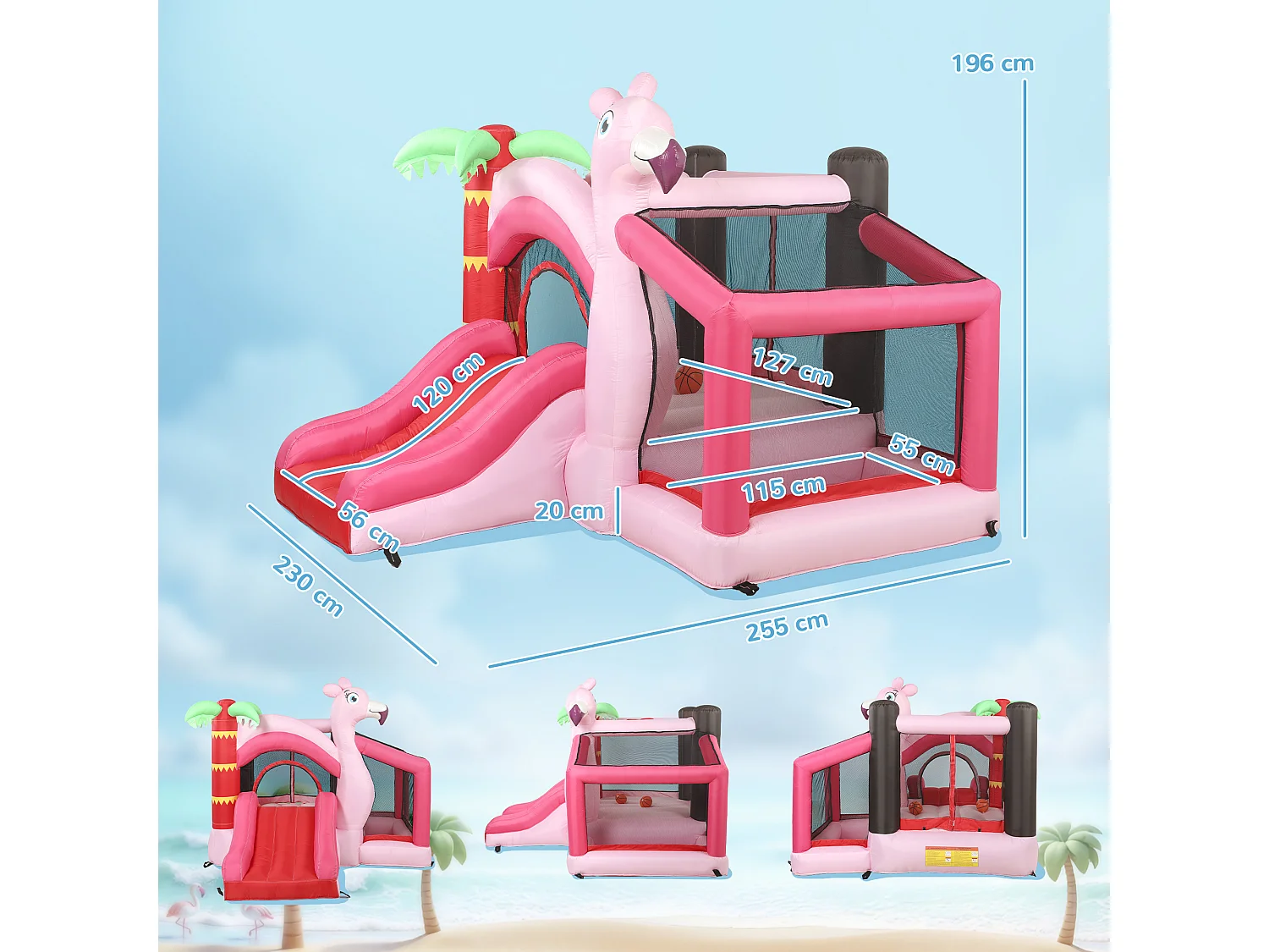 Castello gonfiabile 4 in 1 con scivolo trampolino tessuto oxford rosa