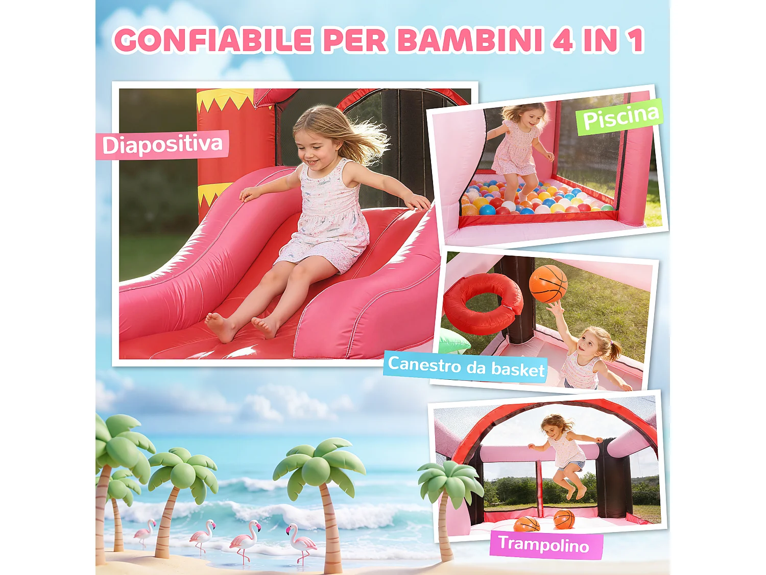 Castello gonfiabile 4 in 1 con scivolo trampolino tessuto oxford rosa