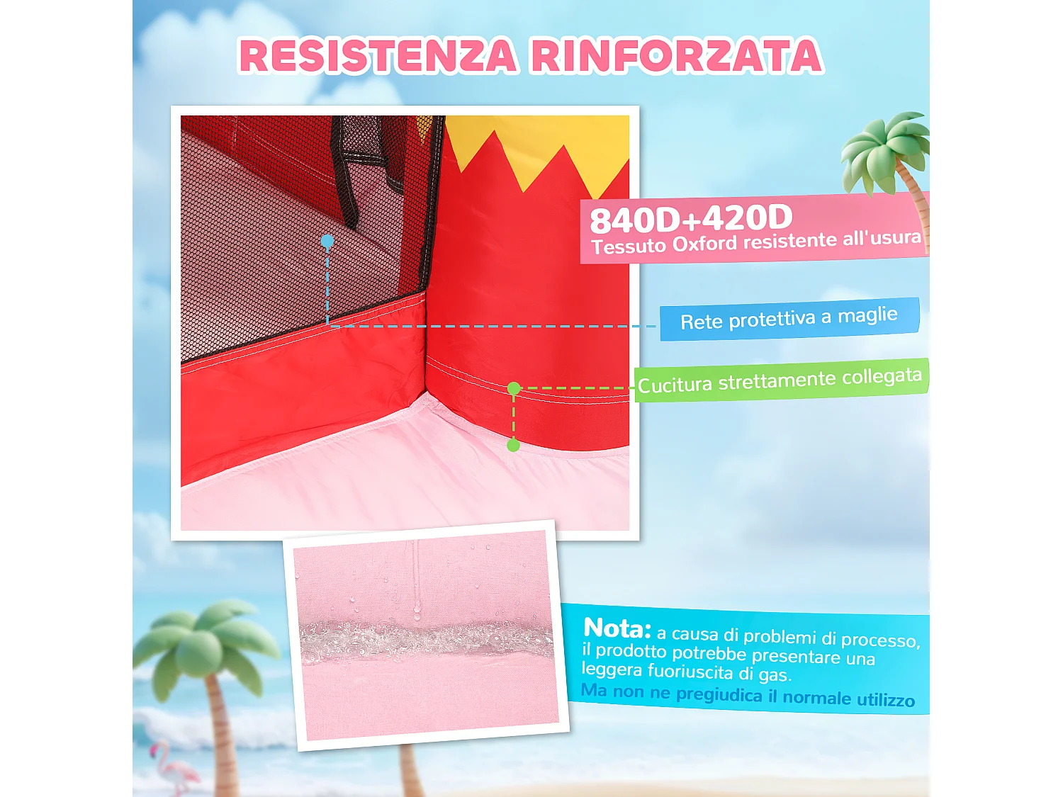 Castello gonfiabile 4 in 1 con scivolo trampolino tessuto oxford rosa