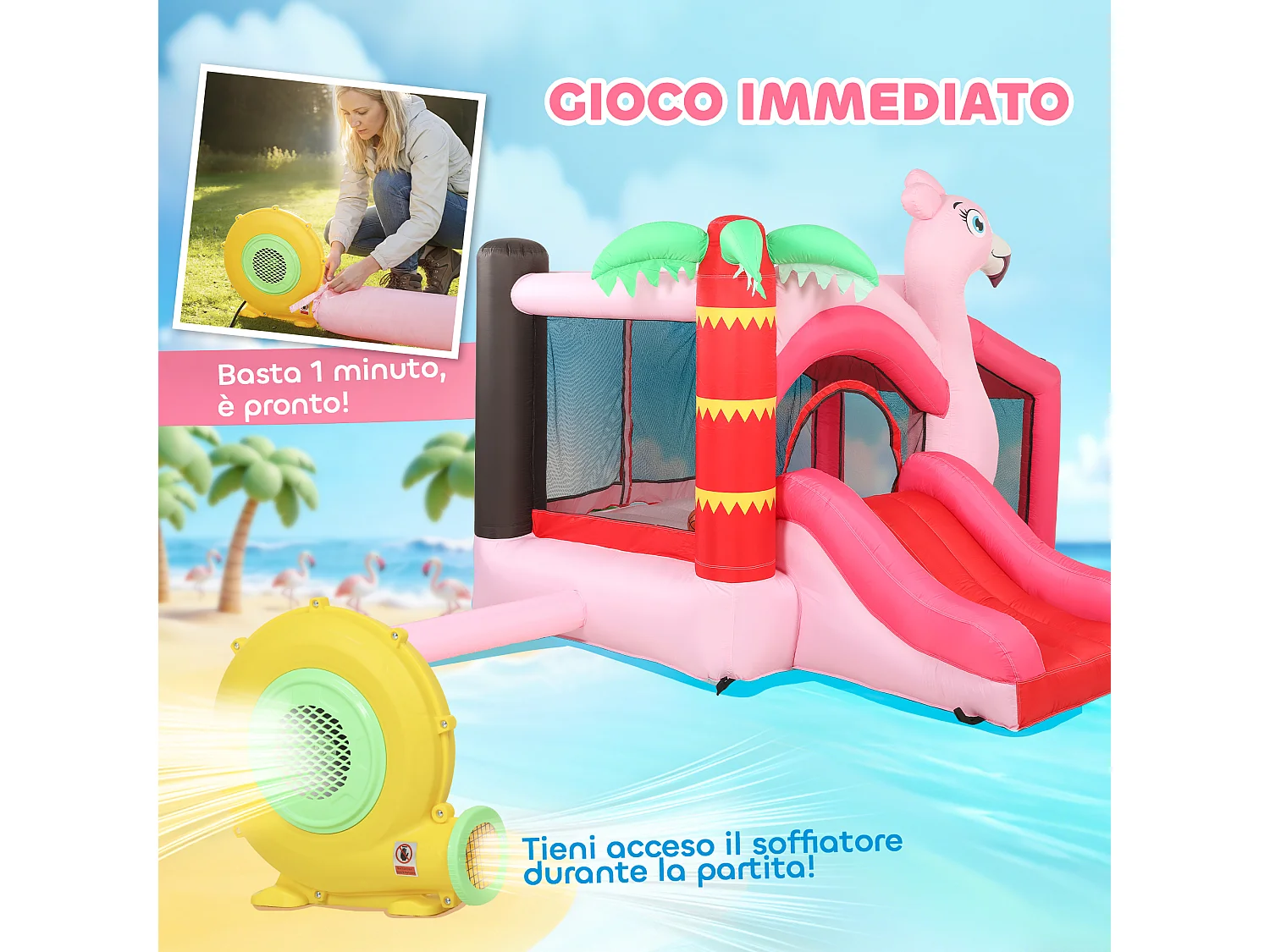 Castello gonfiabile 4 in 1 con scivolo trampolino tessuto oxford rosa