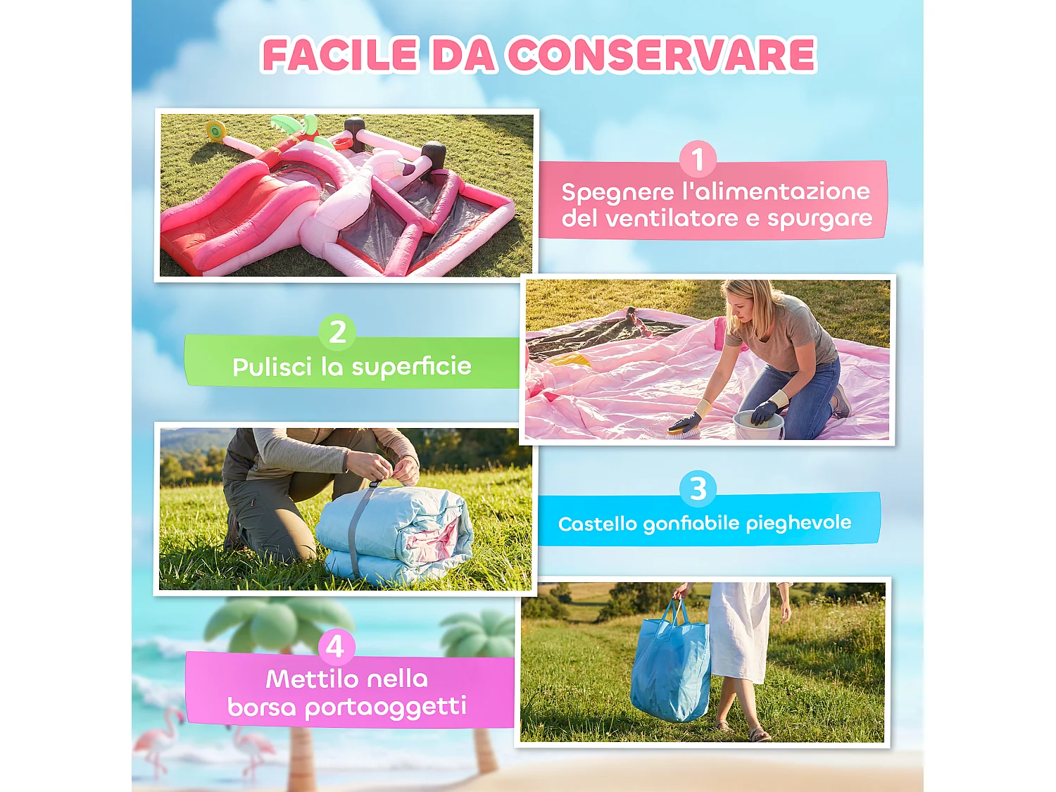 Castello gonfiabile 4 in 1 con scivolo trampolino tessuto oxford rosa