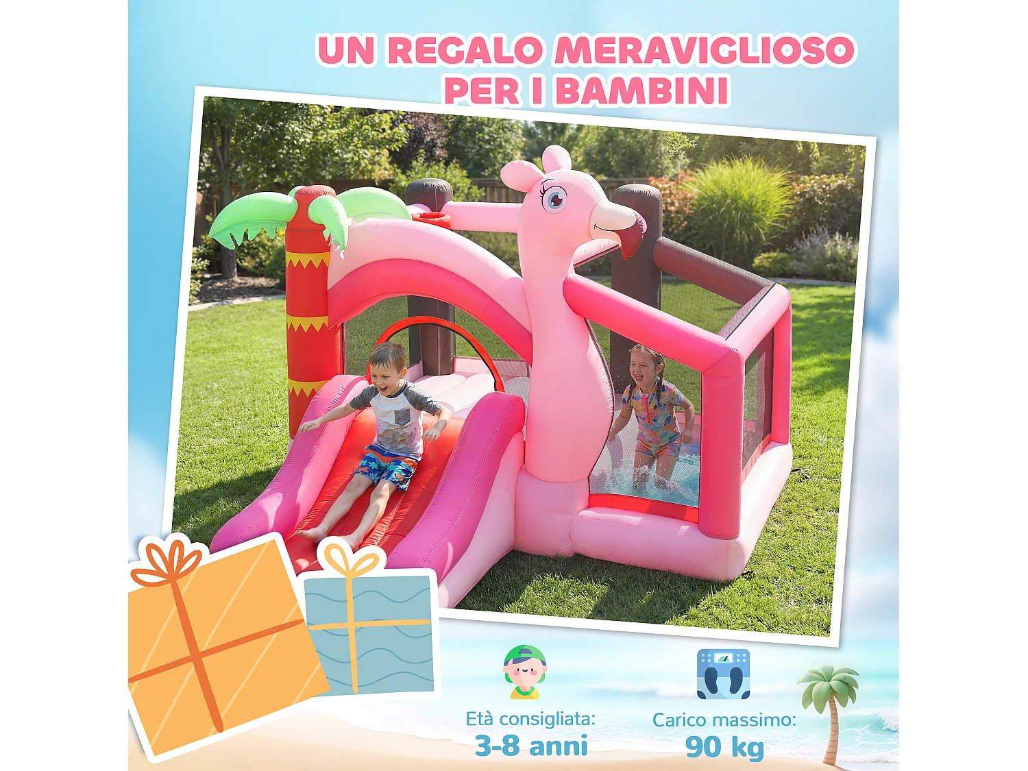 Castello gonfiabile 4 in 1 con scivolo trampolino tessuto oxford rosa