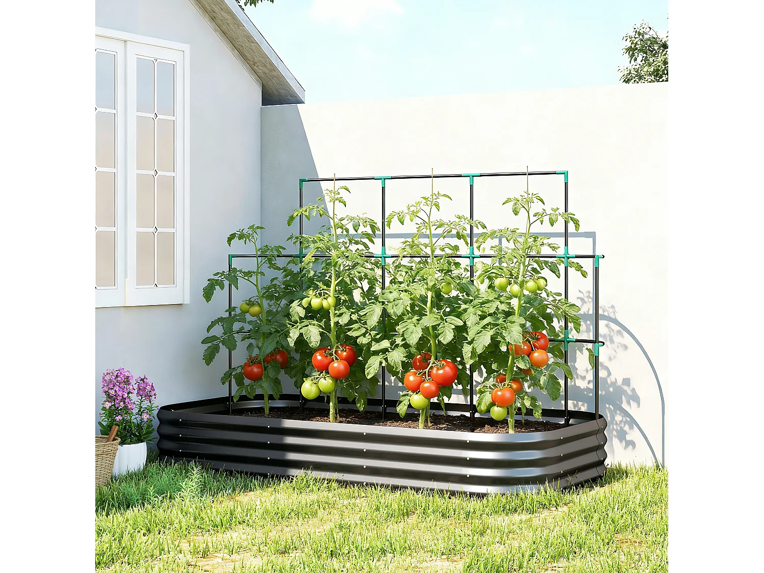 Orto rialzato con traliccio per rampicanti in metallo grigio scuro