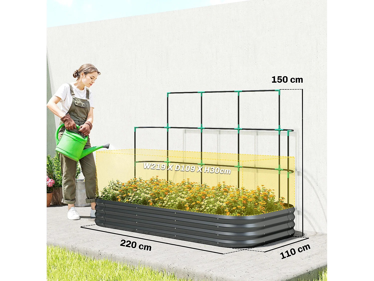 Orto rialzato con traliccio per rampicanti in metallo grigio scuro