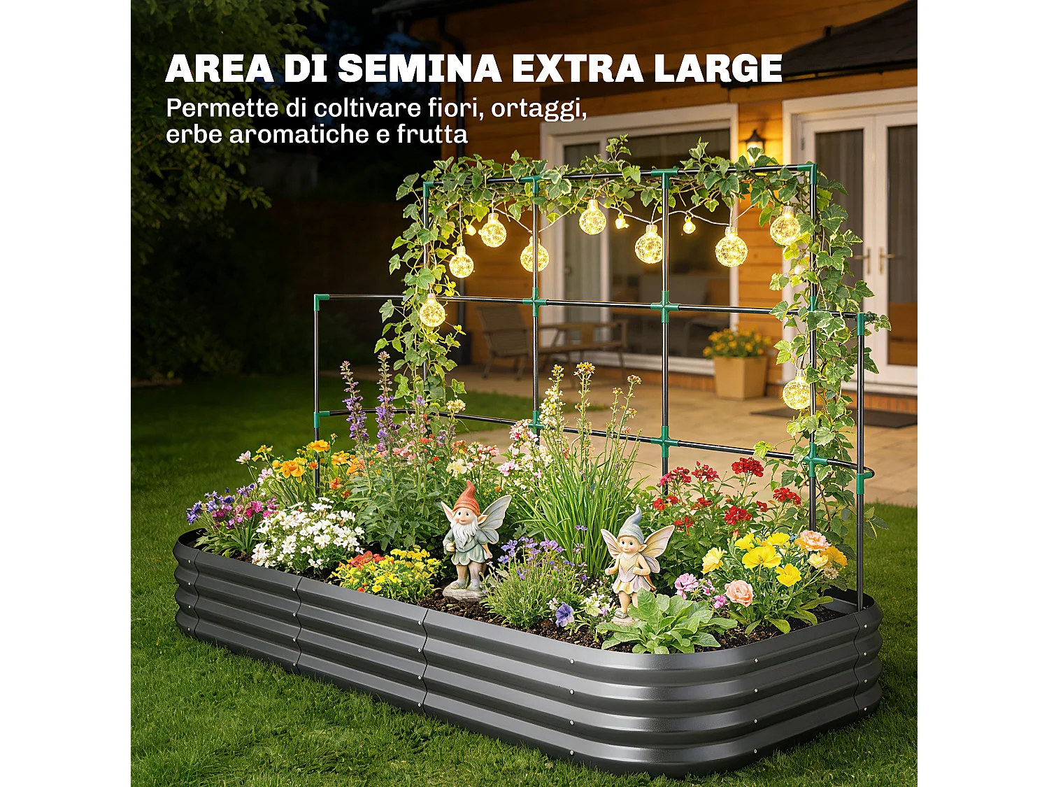 Orto rialzato con traliccio per rampicanti in metallo grigio scuro