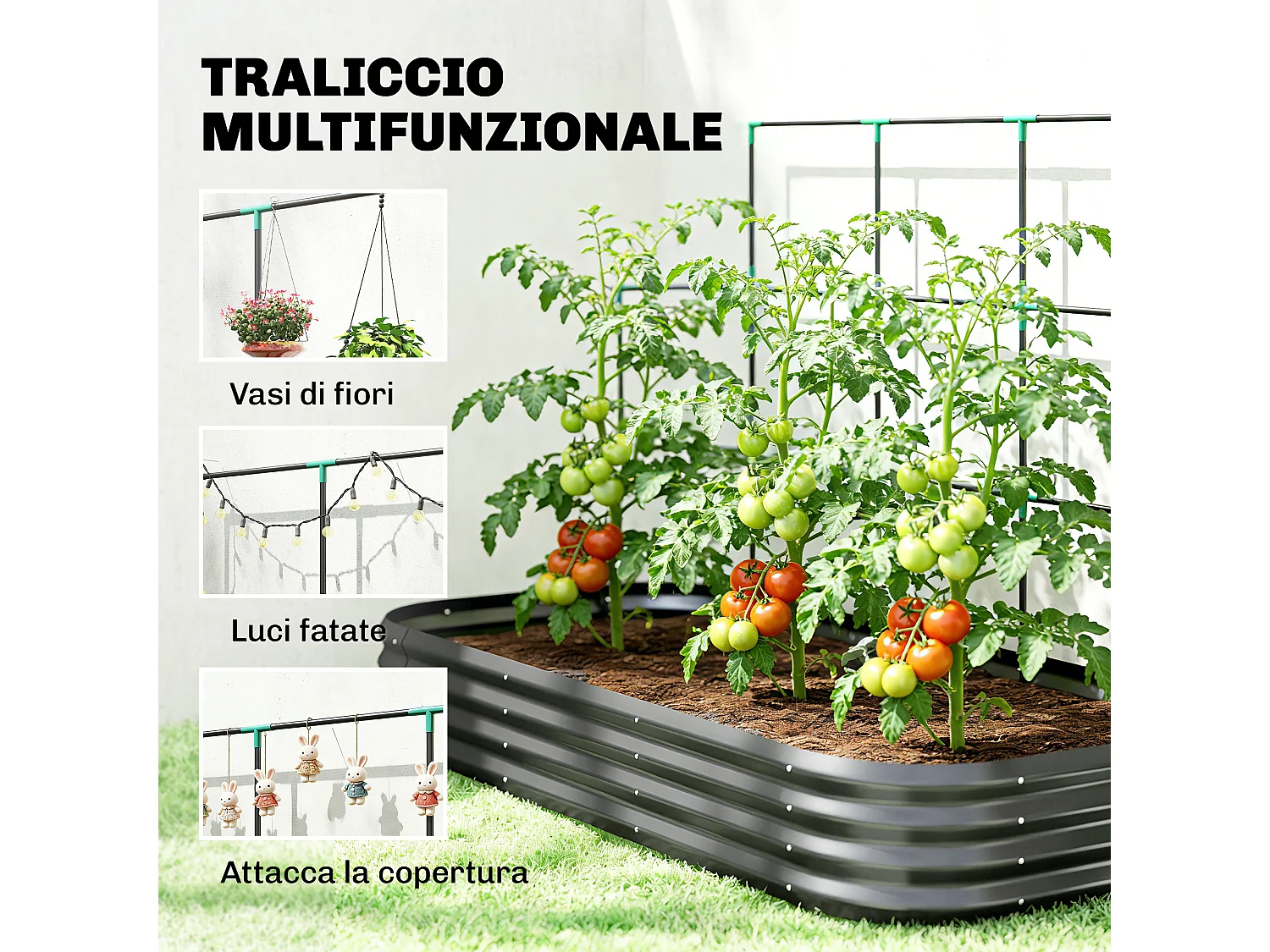 Orto rialzato con traliccio per rampicanti in metallo grigio scuro