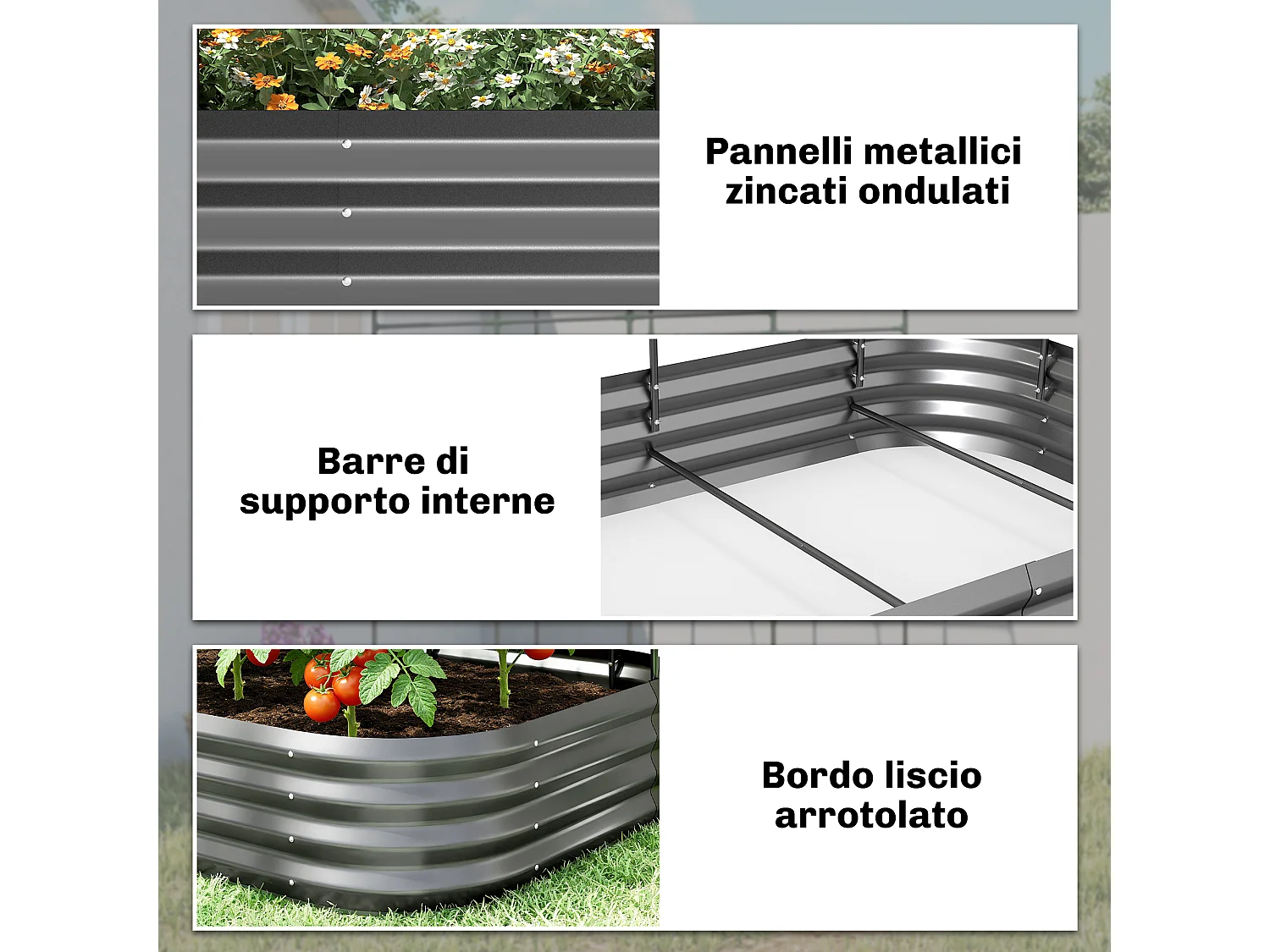 Orto rialzato con traliccio per rampicanti in metallo grigio scuro