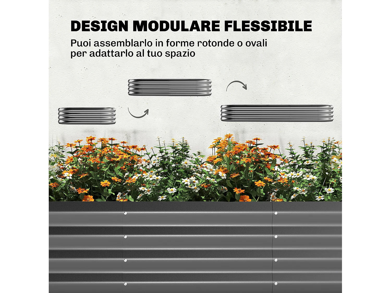 Orto rialzato con traliccio per rampicanti in metallo grigio scuro