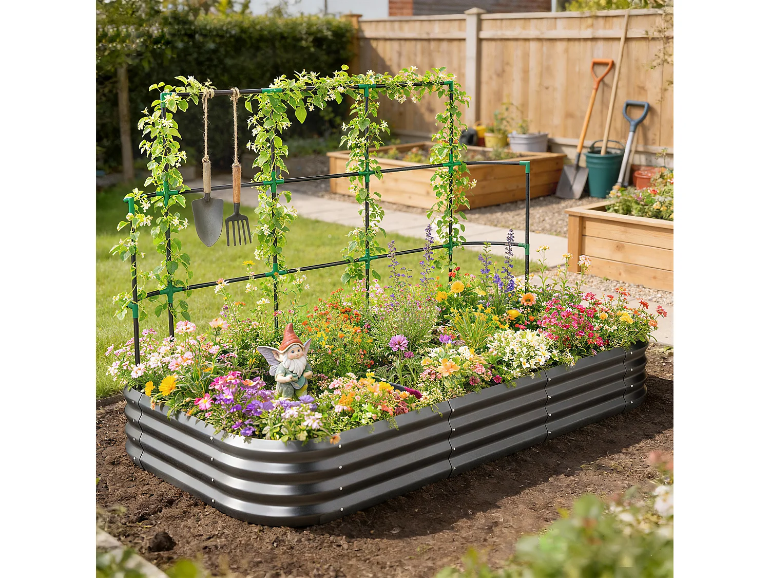 Orto rialzato con traliccio per rampicanti in metallo grigio scuro