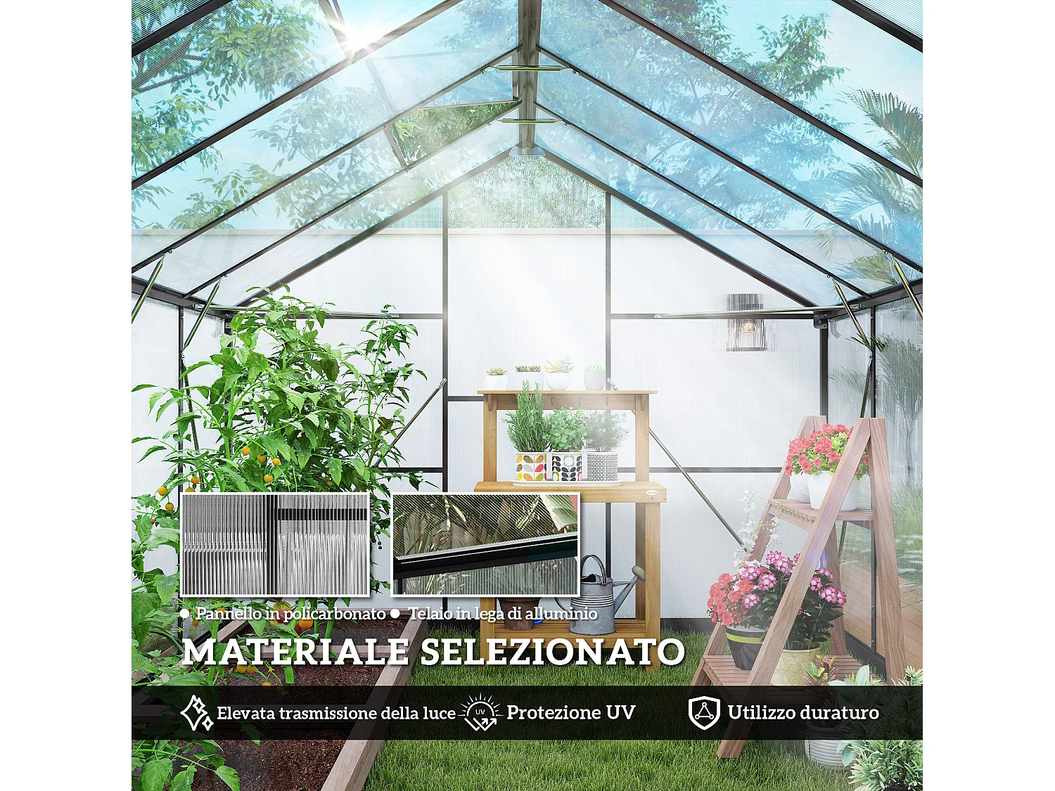 Serra per orto in alluminio e pc con porta a battente 2 finestre nero