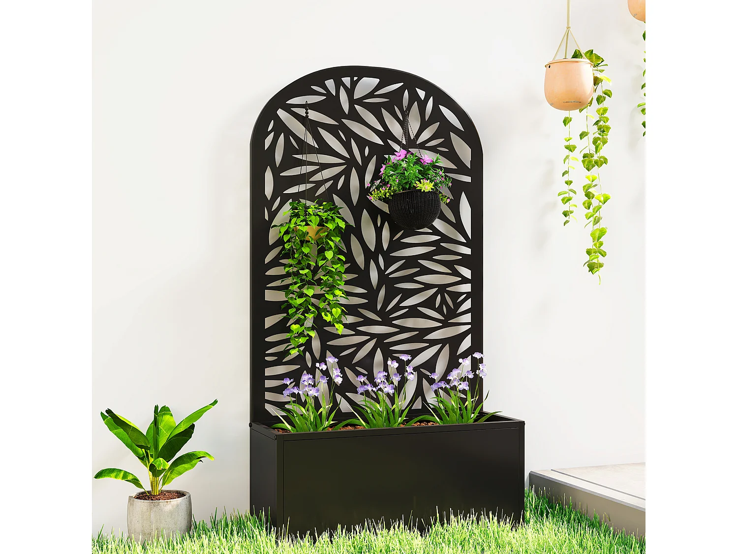 Fioriera con traliccio per rampicanti in metallo 61x23x113 cm nero