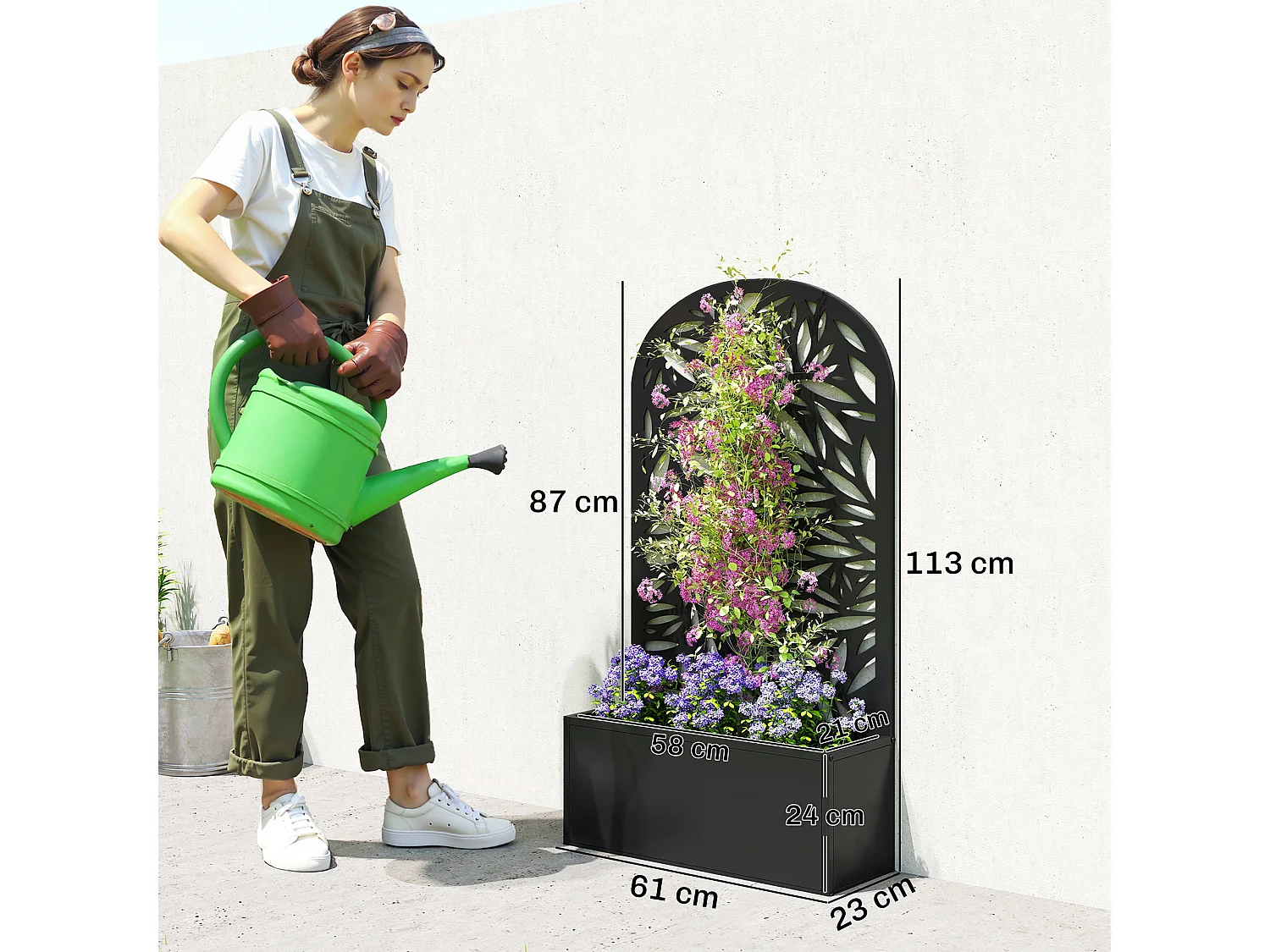 Fioriera con traliccio per rampicanti in metallo 61x23x113 cm nero