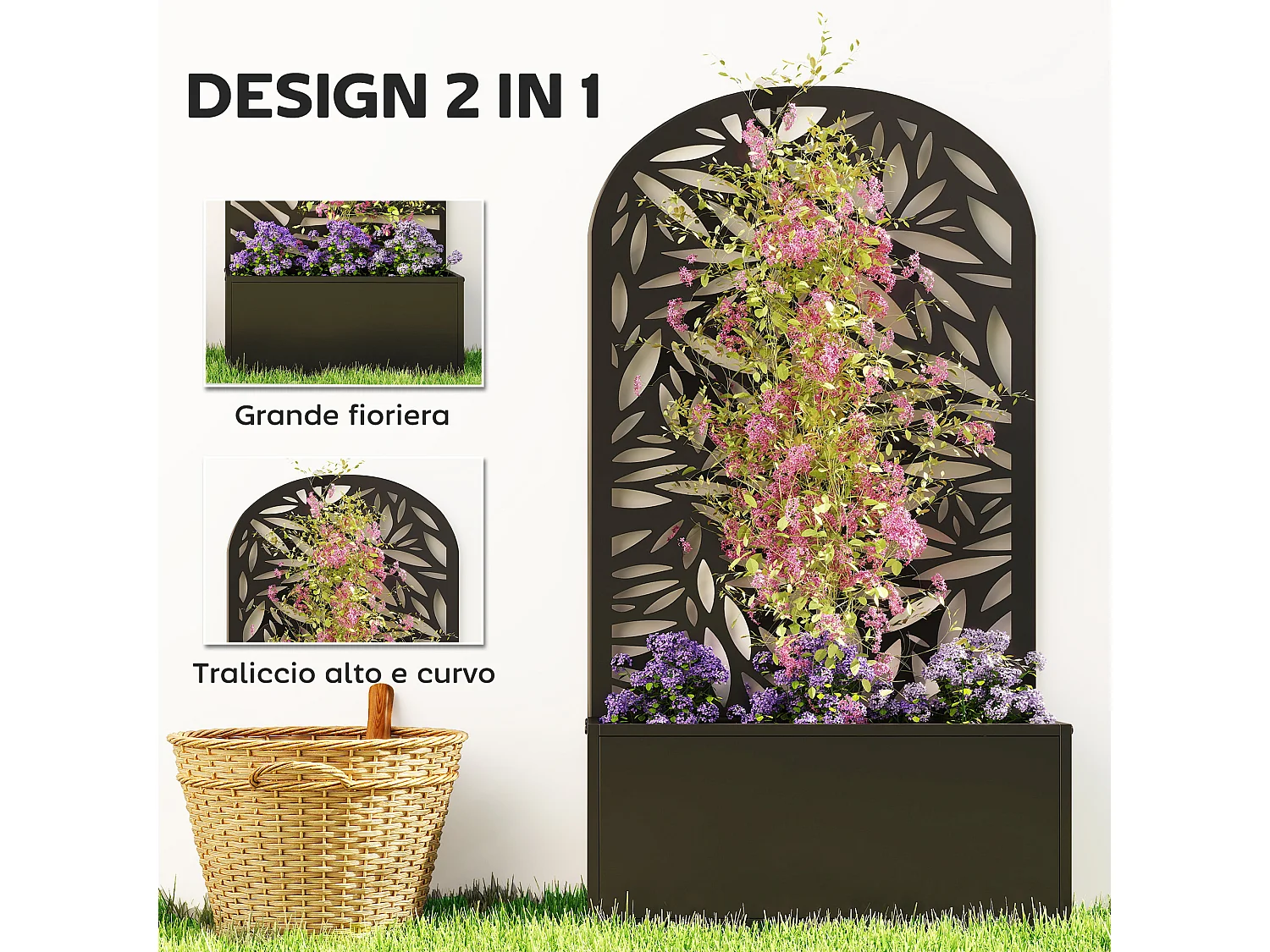 Fioriera con traliccio per rampicanti in metallo 61x23x113 cm nero