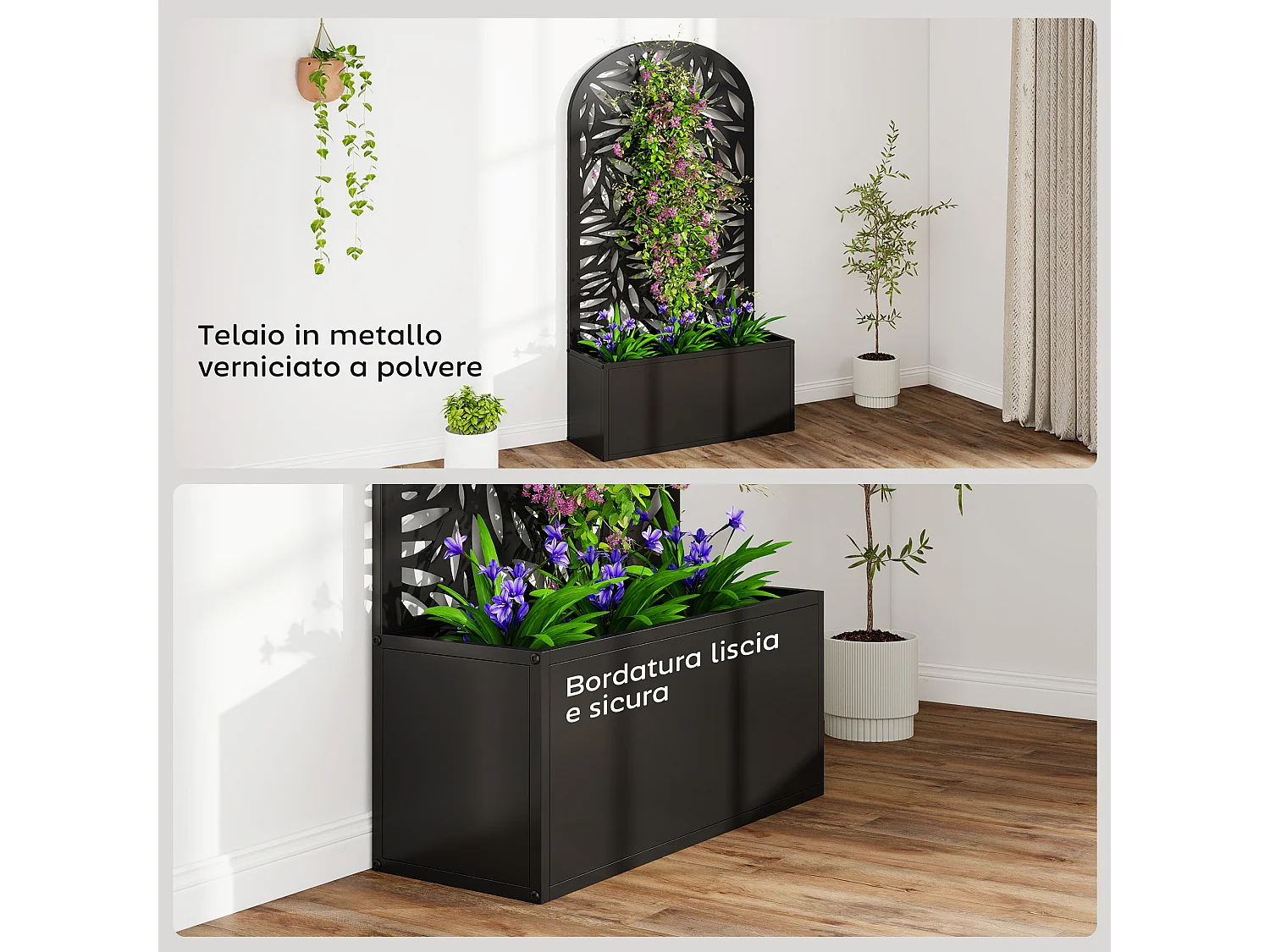 Fioriera con traliccio per rampicanti in metallo 61x23x113 cm nero