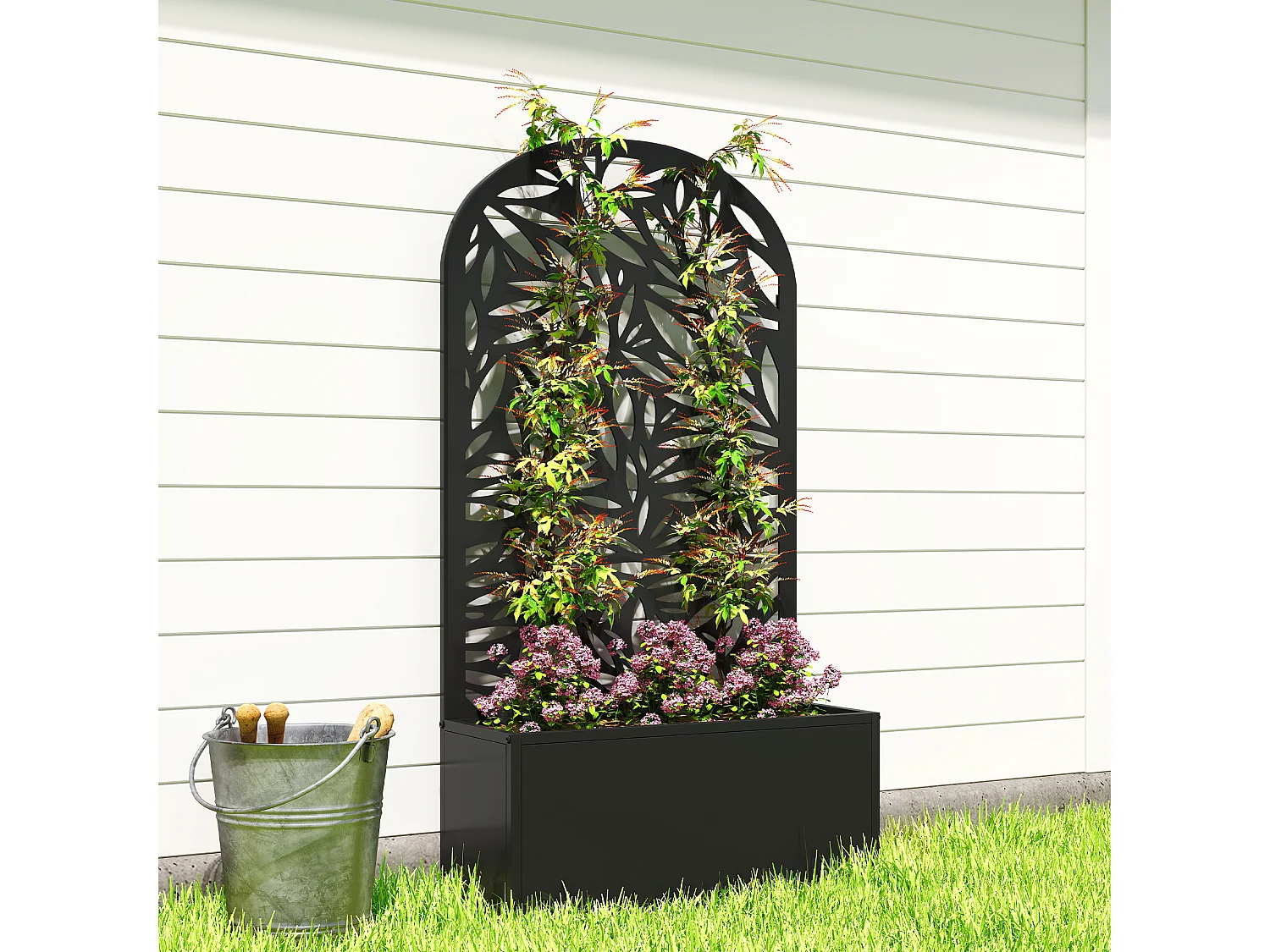 Fioriera con traliccio per rampicanti in metallo 61x23x113 cm nero