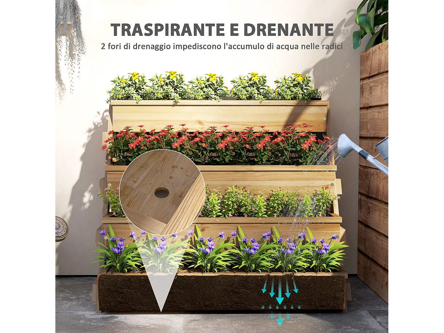 Fioriera rialzata a 4 livelli con fori di drenaggio in legno di abete