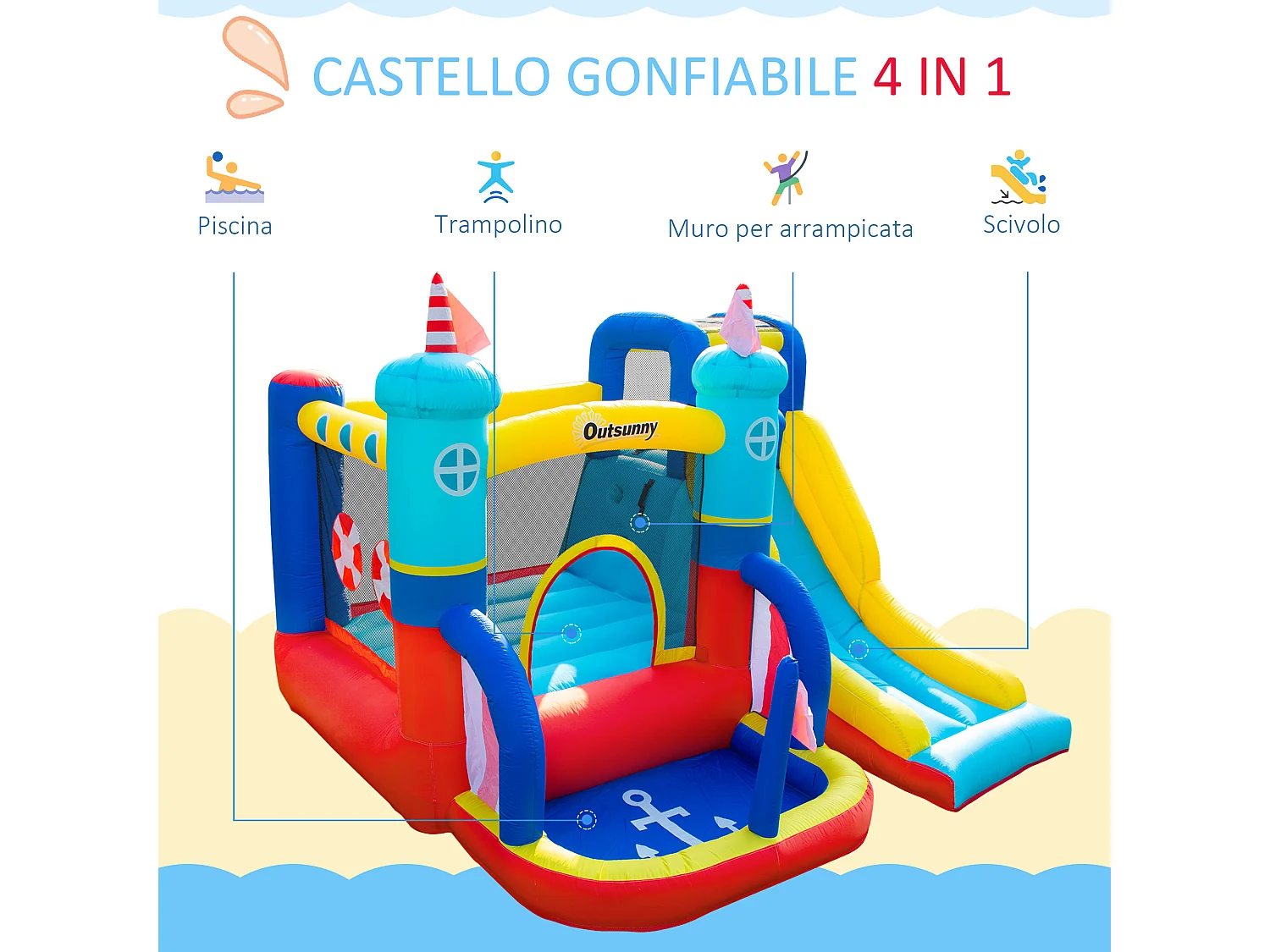 Castello gonfiabile da bambini 3-8 anni 4 in 1 con gonfiatore