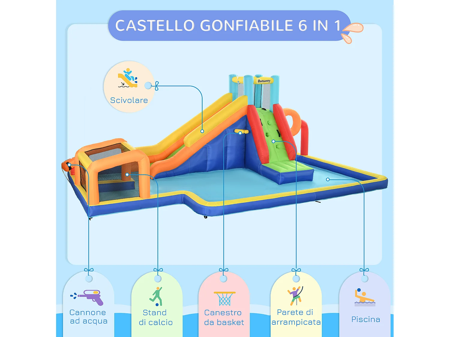 Castello gonfiabile bambini 3-8 anni con scivolo e porta multicolore