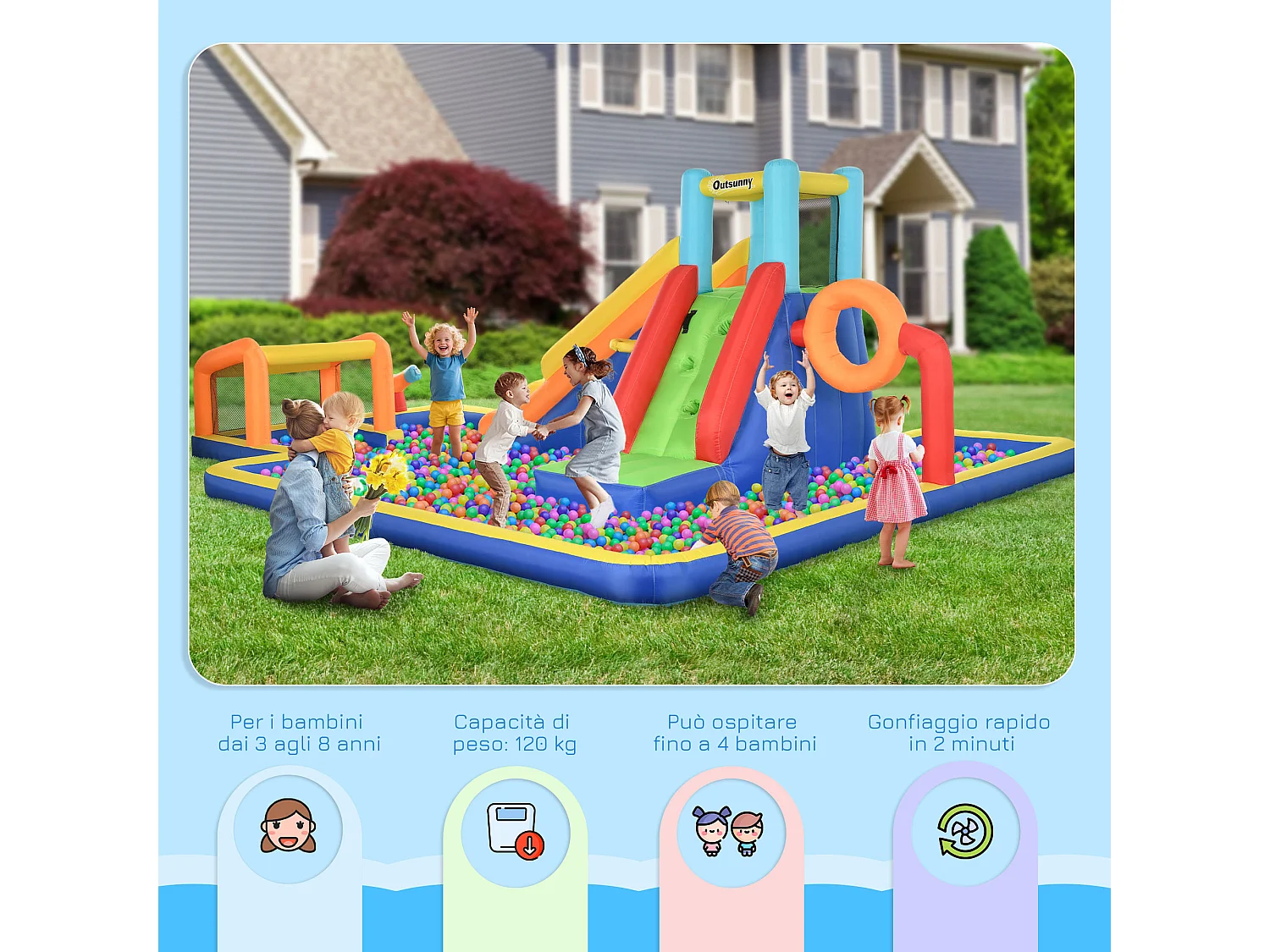 Castello gonfiabile bambini 3-8 anni con scivolo e porta multicolore