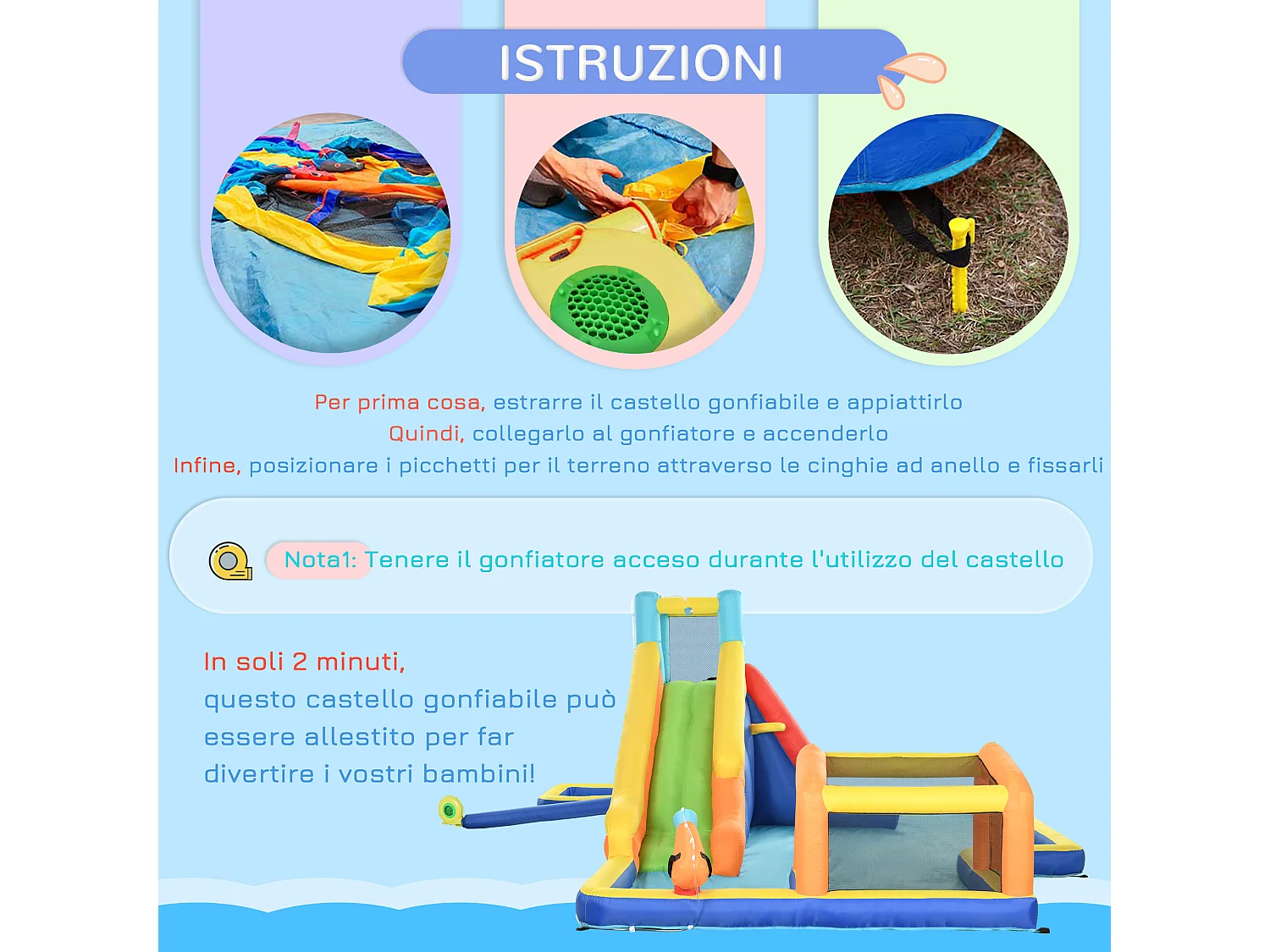 Castello gonfiabile bambini 3-8 anni con scivolo e porta multicolore