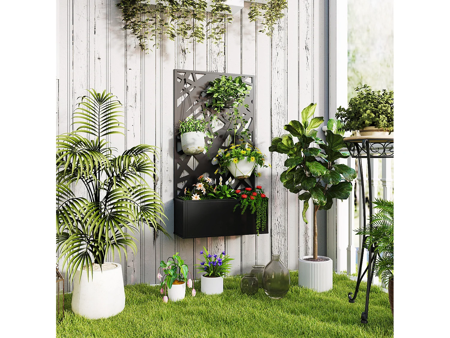 Fioriera con traliccio per rampicanti decorativo nero