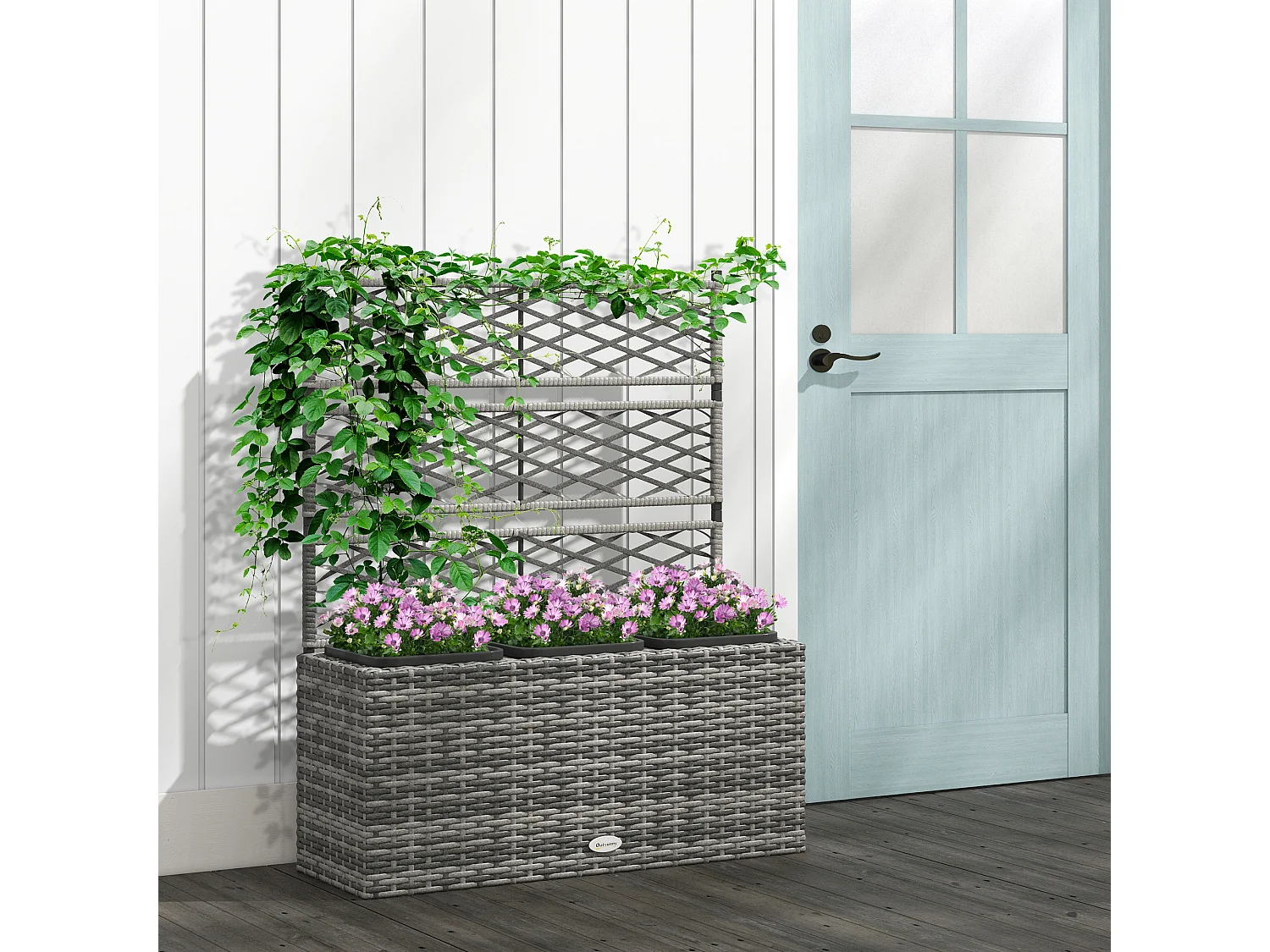 Fioriera con grigliato per rampicanti e 3 vasi in rattan pe grigio