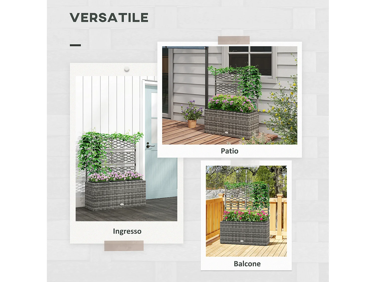 Fioriera con grigliato per rampicanti e 3 vasi in rattan pe grigio