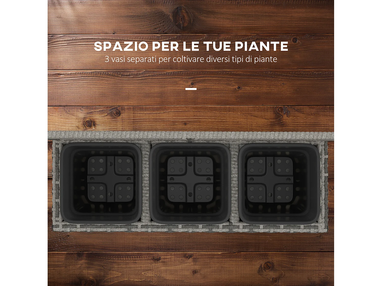 Fioriera con grigliato per rampicanti e 3 vasi in rattan pe grigio