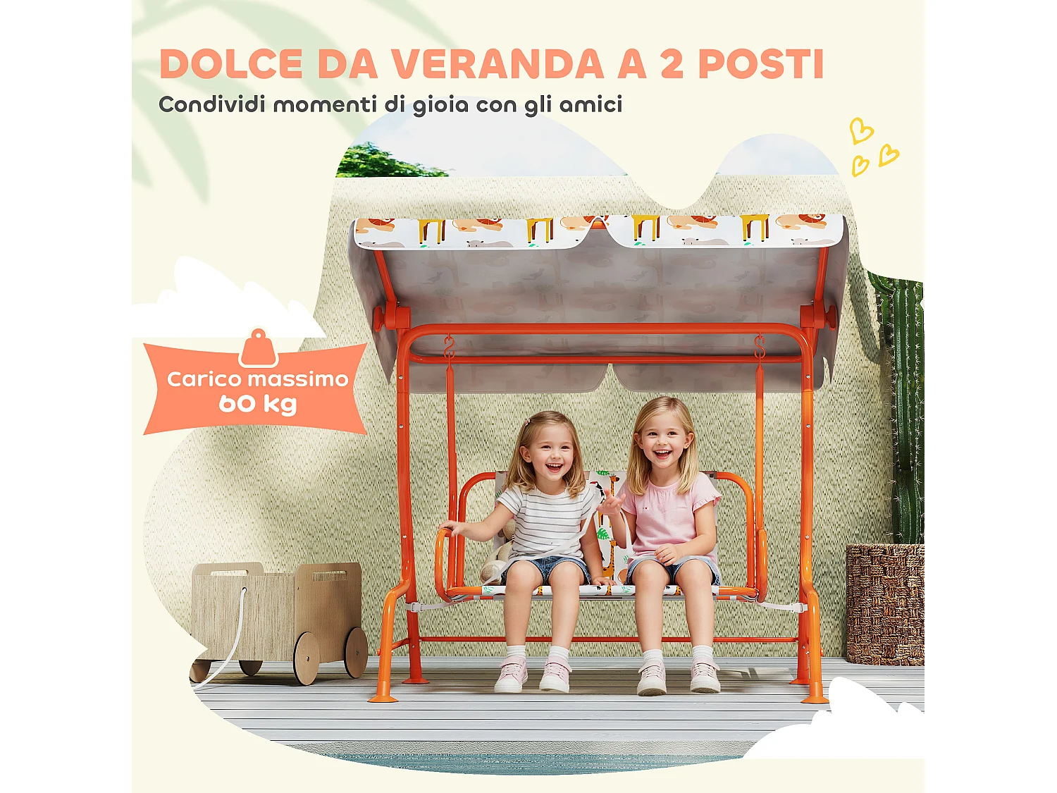 Dondolo per bambini a due posti in acciaio e oxford arancione