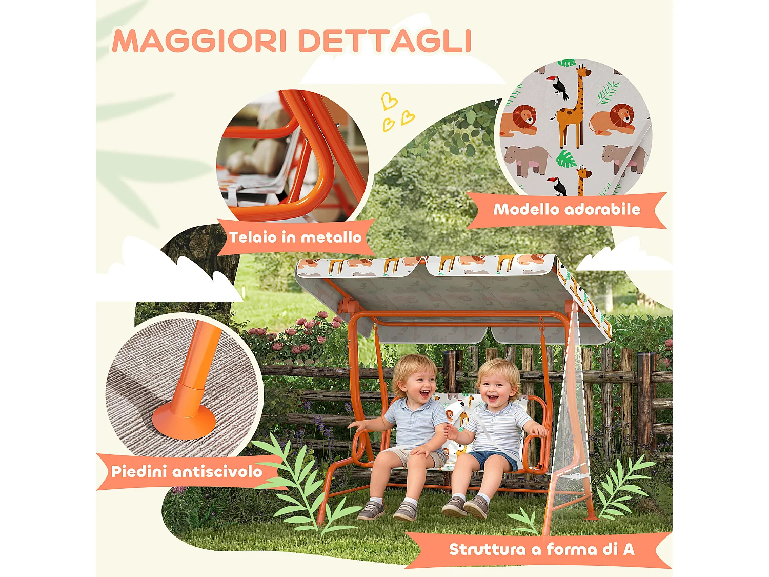 Dondolo per bambini a due posti in acciaio e oxford arancione