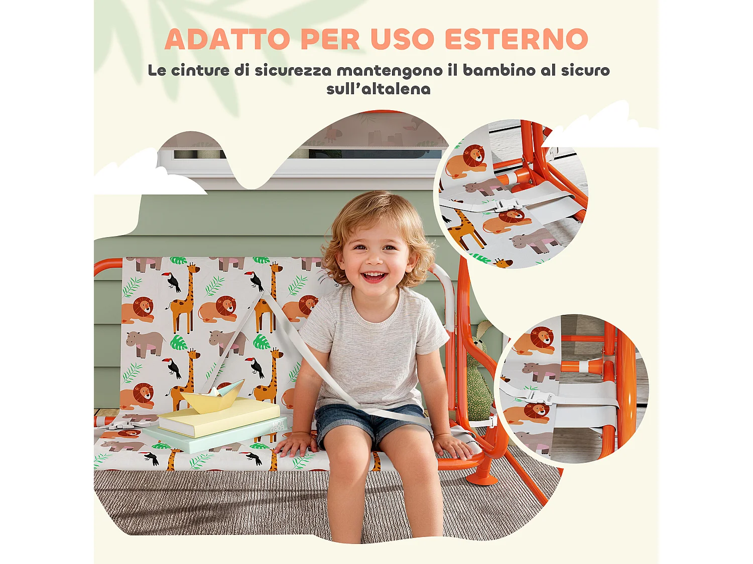 Dondolo per bambini a due posti in acciaio e oxford arancione