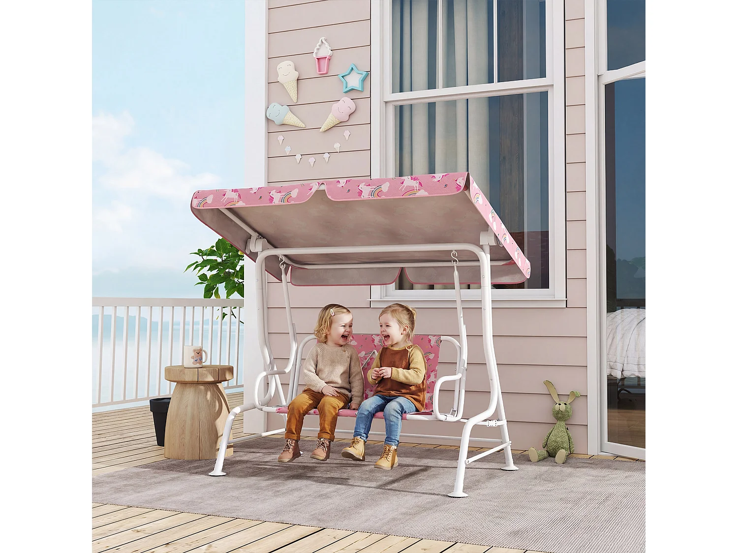 Dondolo per bambini a due posti in acciaio e oxford rosa