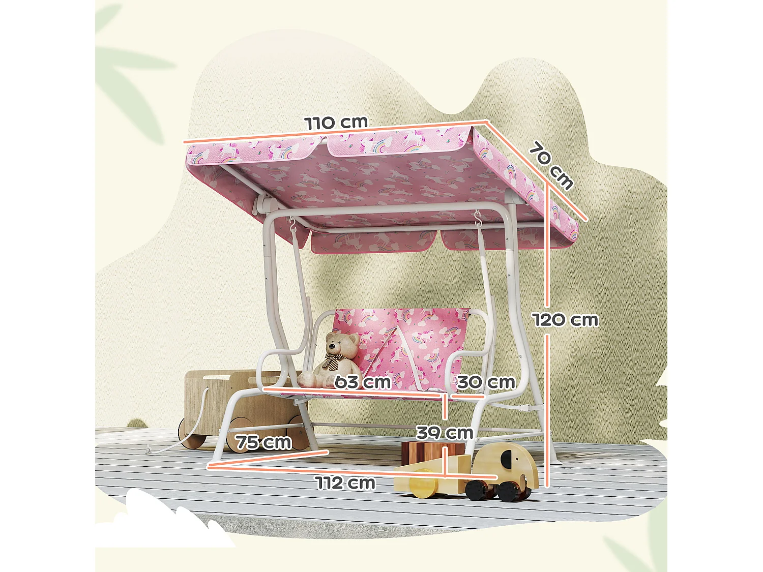 Dondolo per bambini a due posti in acciaio e oxford rosa