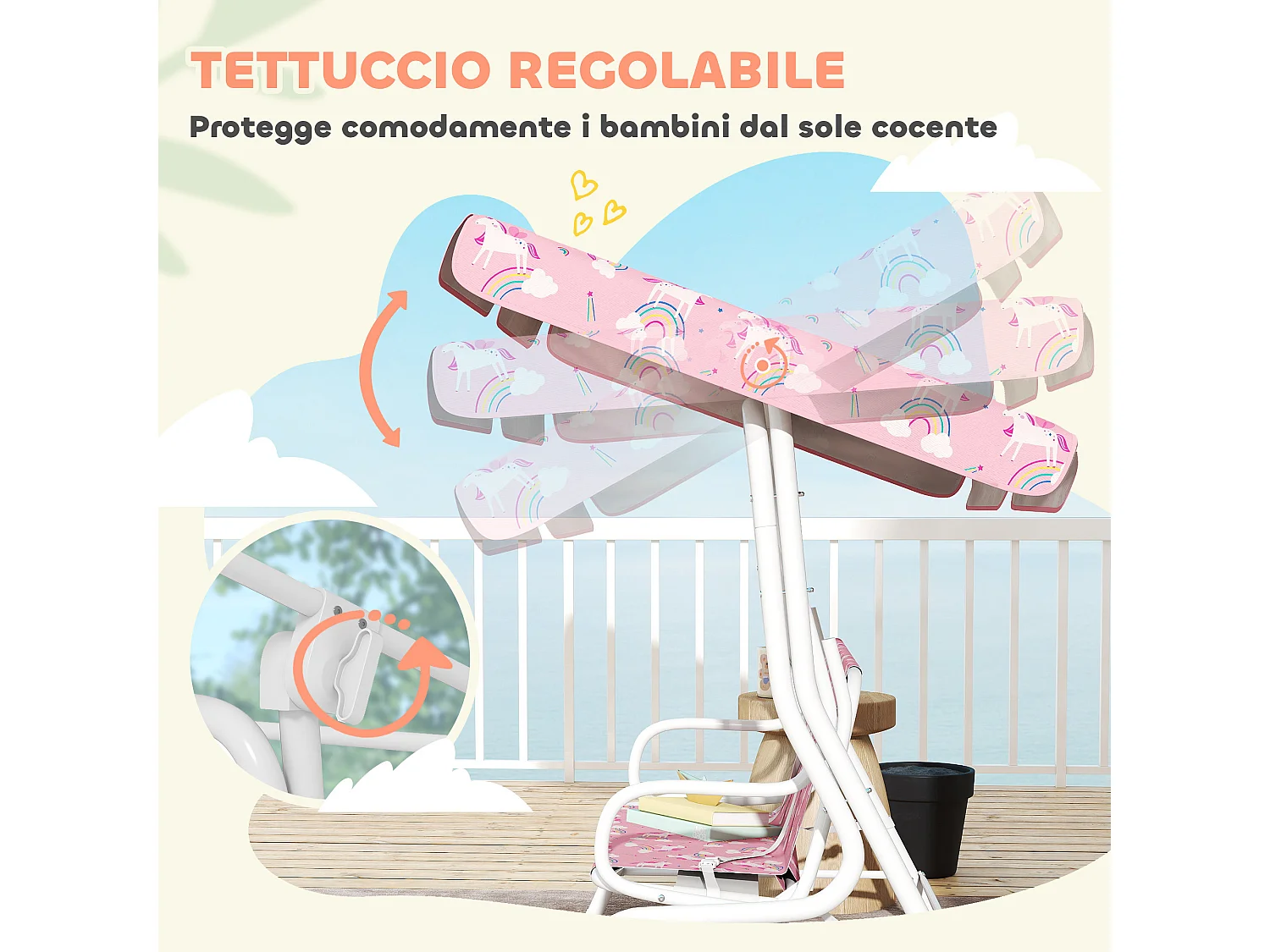 Dondolo per bambini a due posti in acciaio e oxford rosa