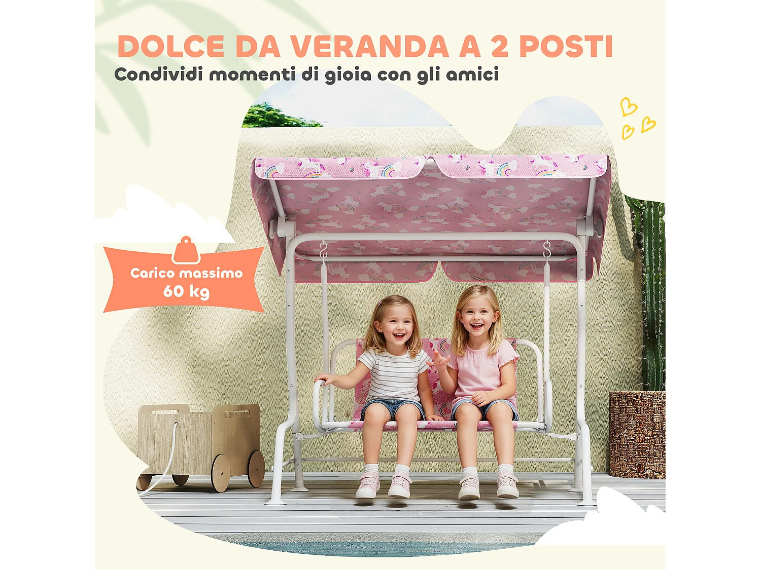 Dondolo per bambini a due posti in acciaio e oxford rosa