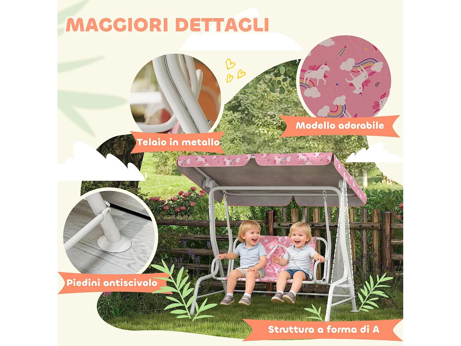 Dondolo per bambini a due posti in acciaio e oxford rosa