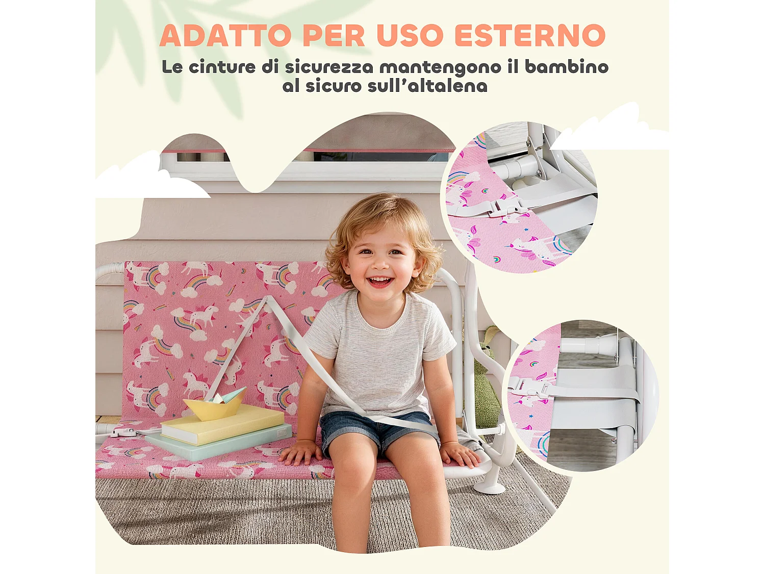 Dondolo per bambini a due posti in acciaio e oxford rosa